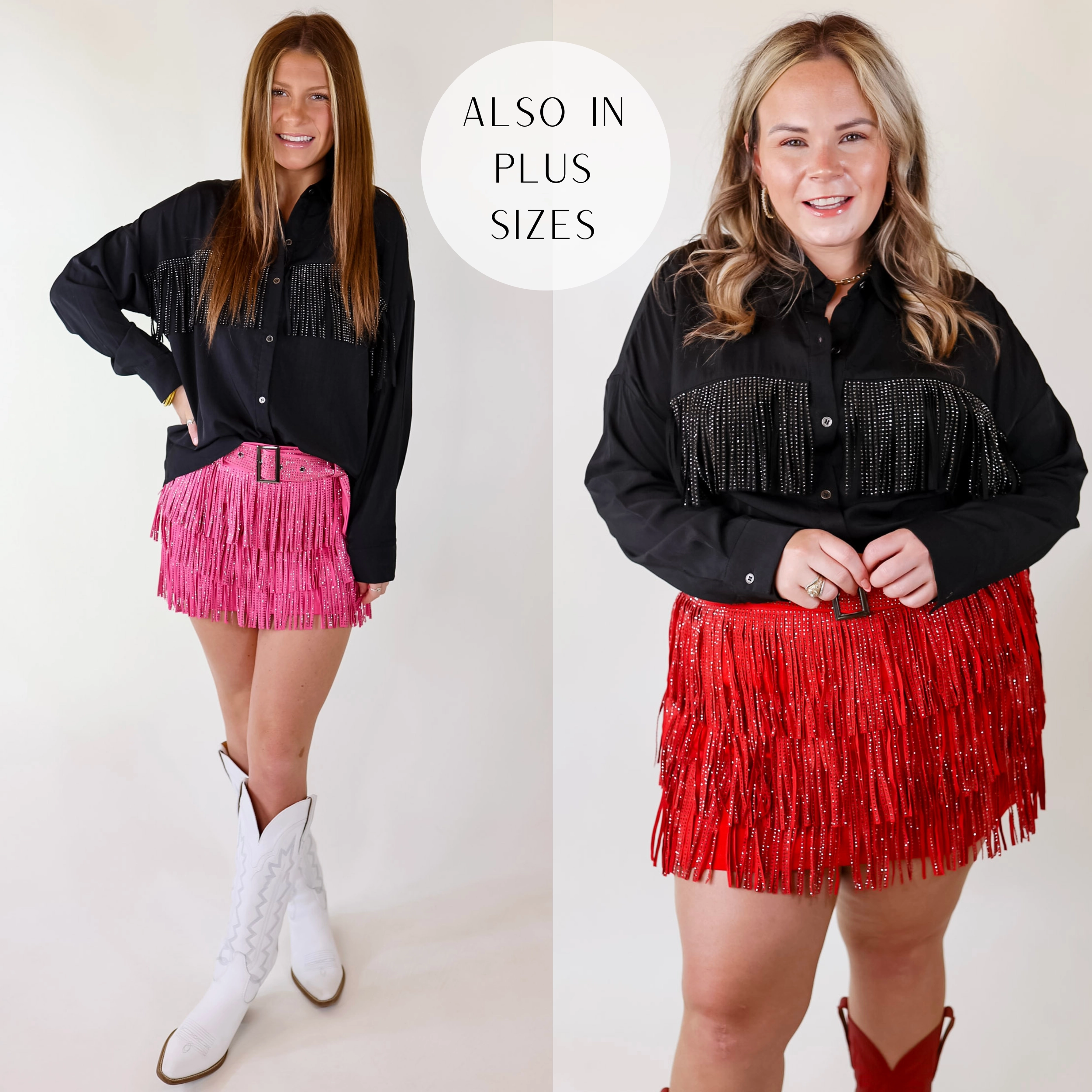 QuickPackable Design All That Shimmers Crystal Fringe Button Up Top with Long Sleeves in Black
