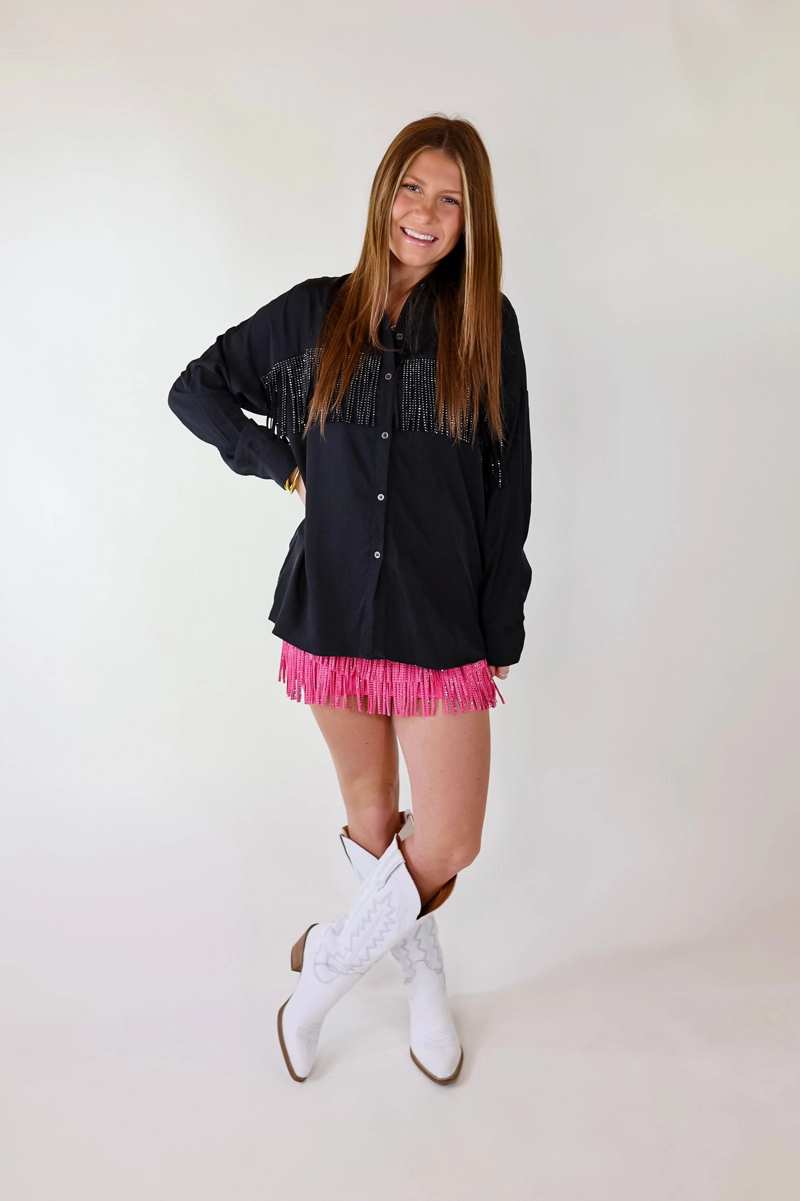 MicroPerforatedTexture Travel Core All That Shimmers Crystal Fringe Button Up Top with Long Sleeves in Black