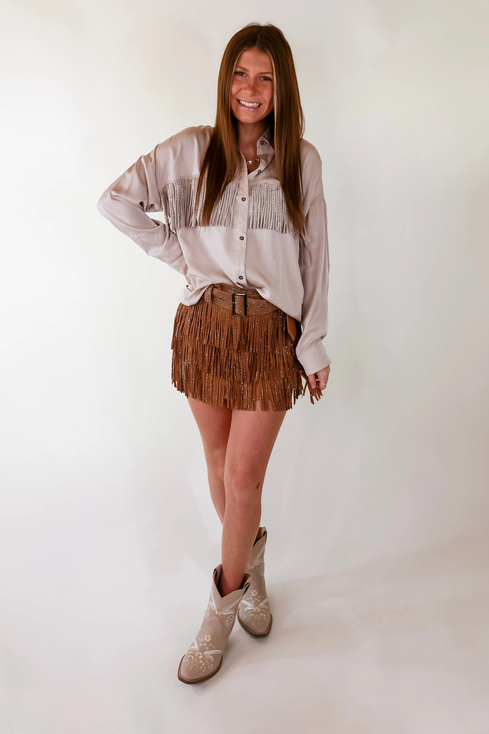 All That Shimmers Crystal Fringe Button Up Top with Long Sleeves in Champagne Creative Flow outdoor mode