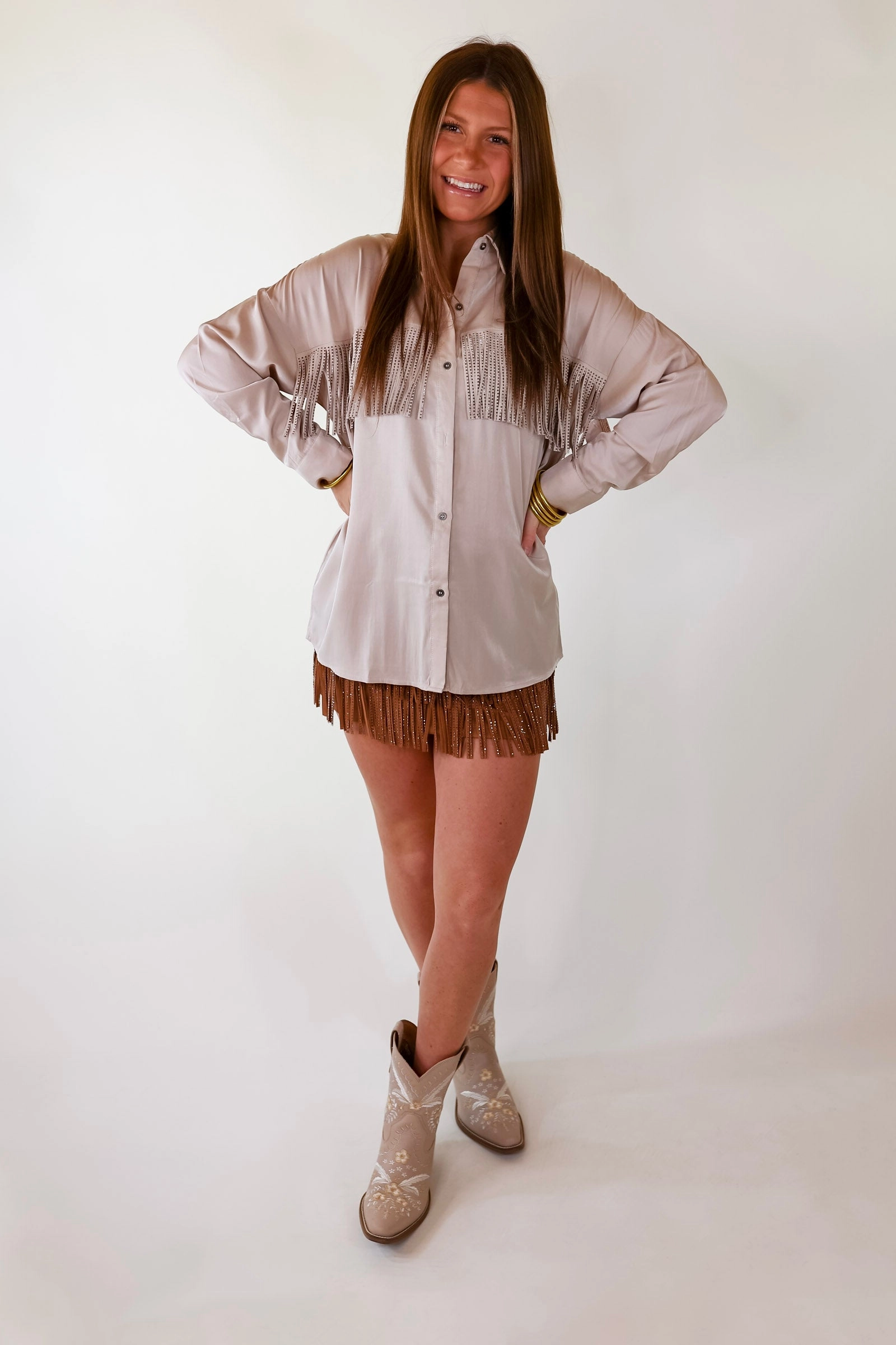 MoistureWicking Breezy Fit All That Shimmers Crystal Fringe Button Up Top with Long Sleeves in Champagne