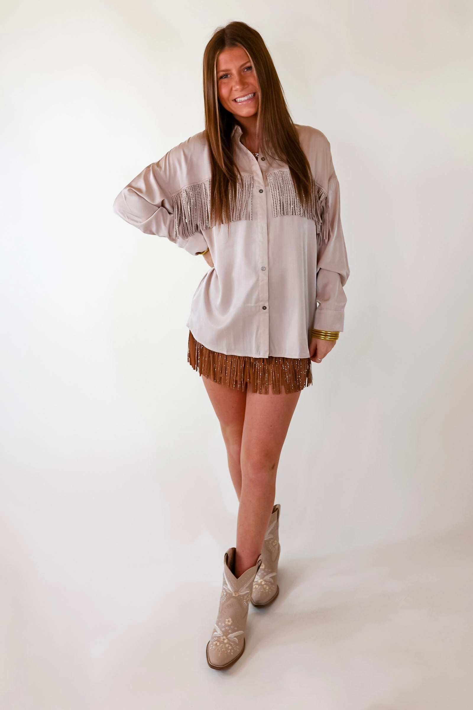 Hero Glow All That Shimmers Crystal Fringe Button Up Top with Long Sleeves in Champagne