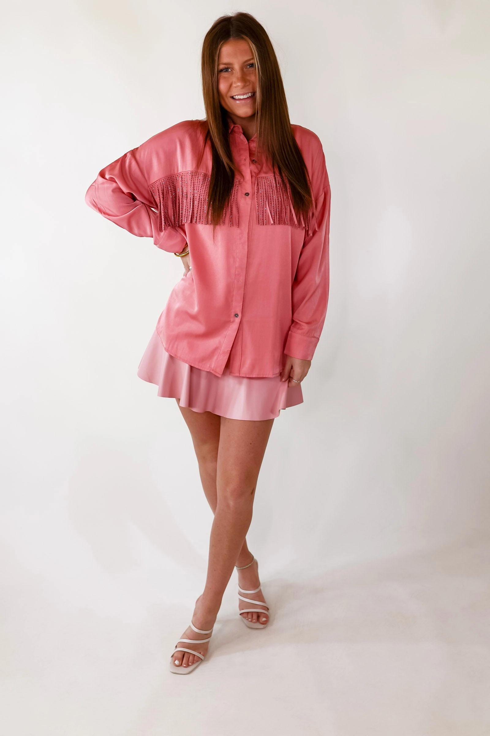 NonBindingCollar All That Shimmers Crystal Fringe Button Up Top with Long Sleeves in Coral Pink