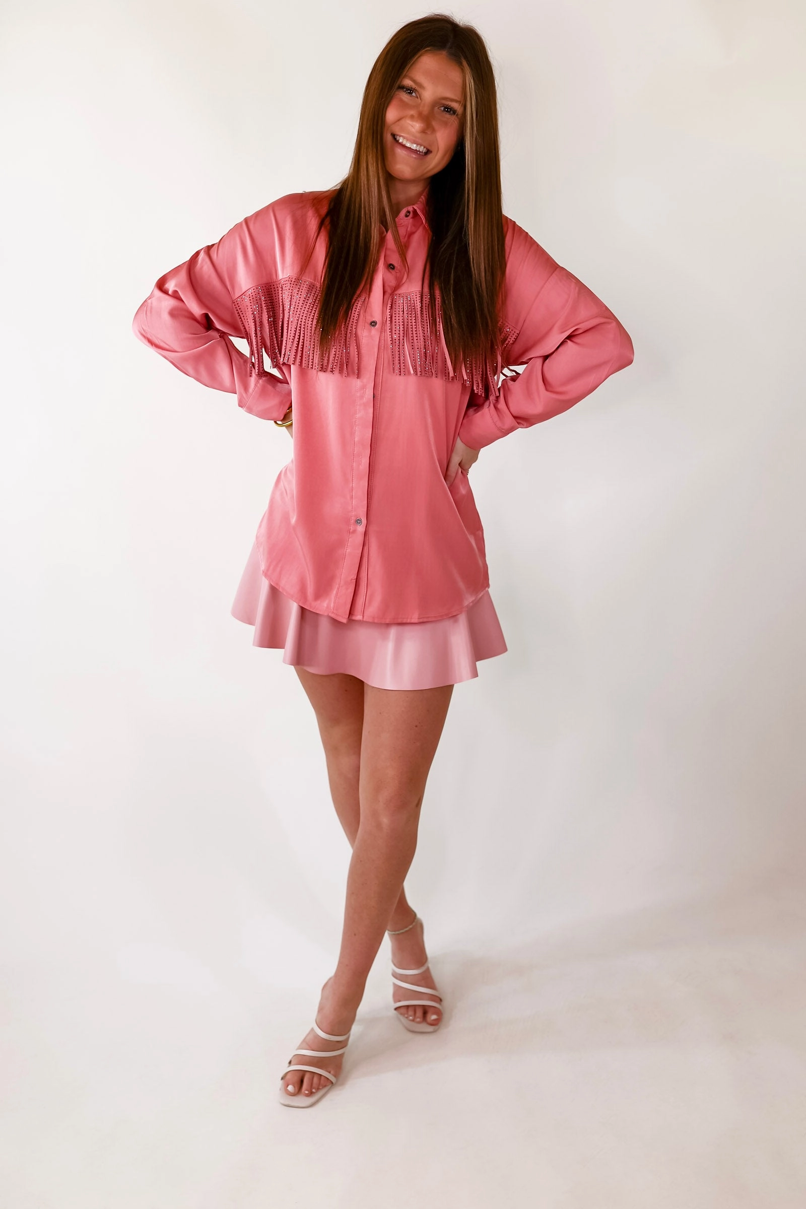 All That Shimmers Crystal Fringe Button Up Top with Long Sleeves in Coral Pink Cozy Robe Stylish Hat