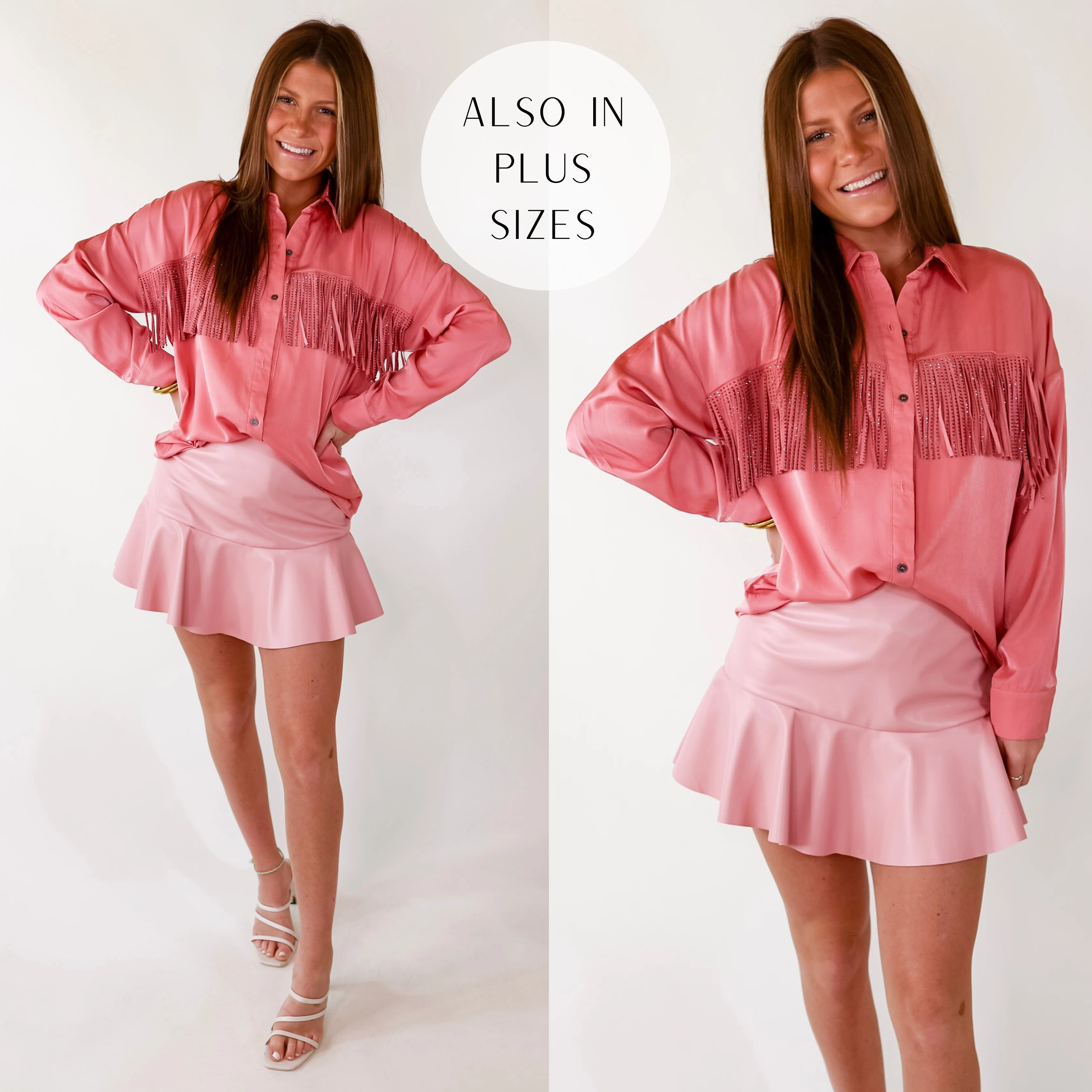 Fantasy Glow All That Shimmers Crystal Fringe Button Up Top with Long Sleeves in Coral Pink