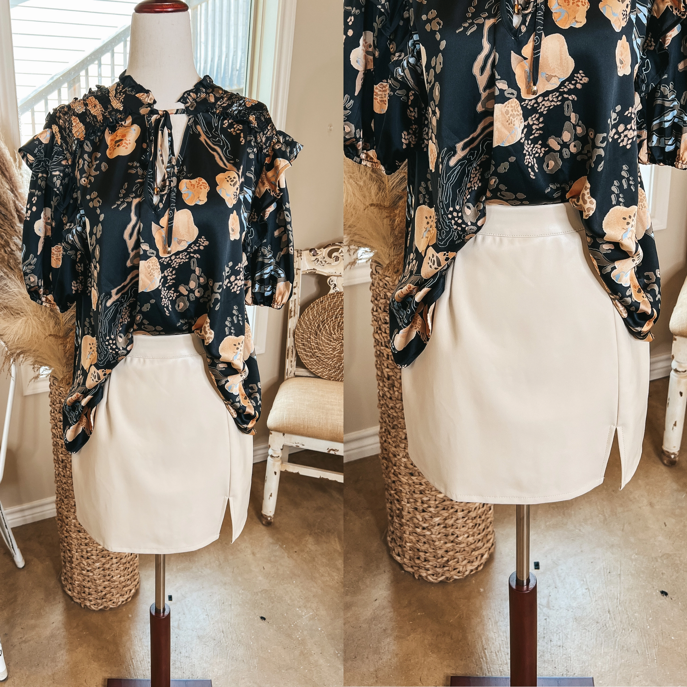 Lounge-friendly All the Buzz Faux Leather Side Slit Mini Skirt in Cream