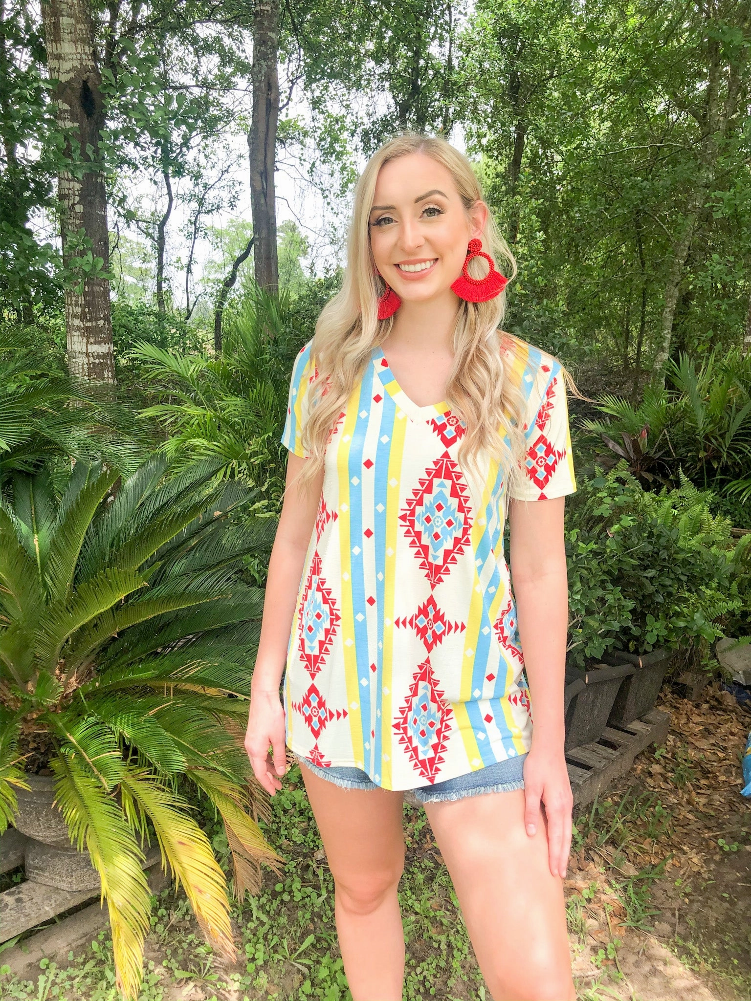 Last Chance Size Small & Medium | Keep Things Simple Striped Aztec Print V Neck Tee in Yellow and Turquoise Aura Core