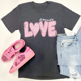 Easy Care Material All You Need Is Love Short Sleeve Graphic Tee in Charcoal Grey