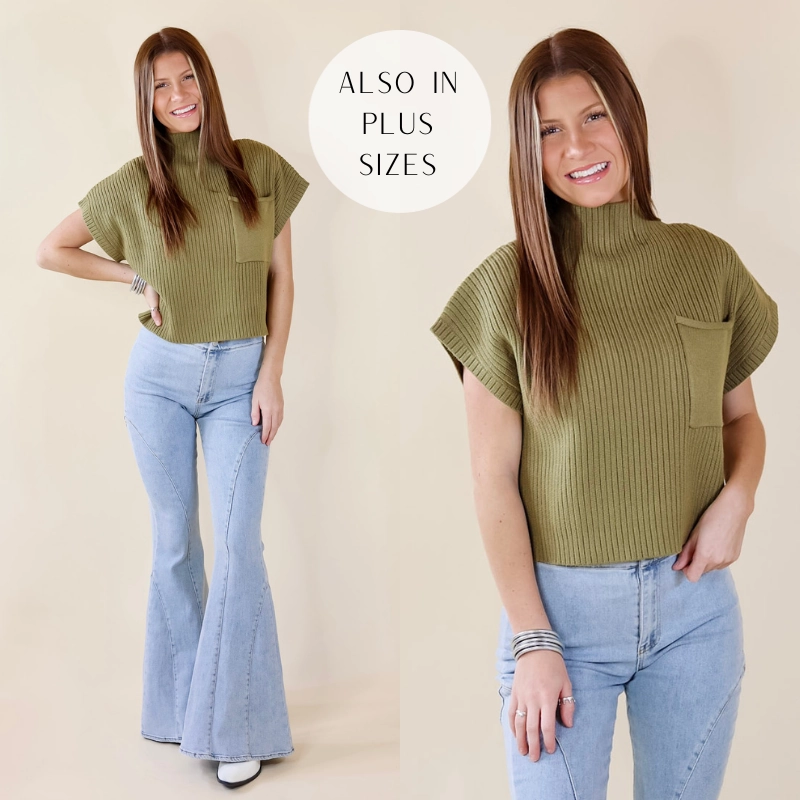 Leader Fit City Sights Cap Sleeve Sweater Top in Olive Green