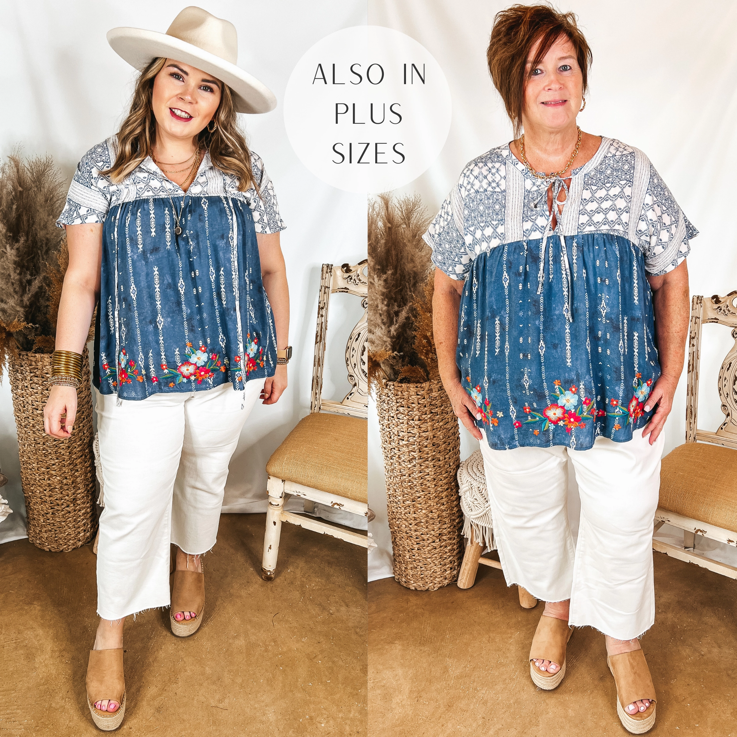 Fun Details Tribal Print Babydoll Top with Floral Embroidery in Blue QuickReleaseFastener