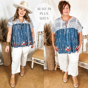 Fun Details Tribal Print Babydoll Top with Floral Embroidery in Blue QuickReleaseFastener