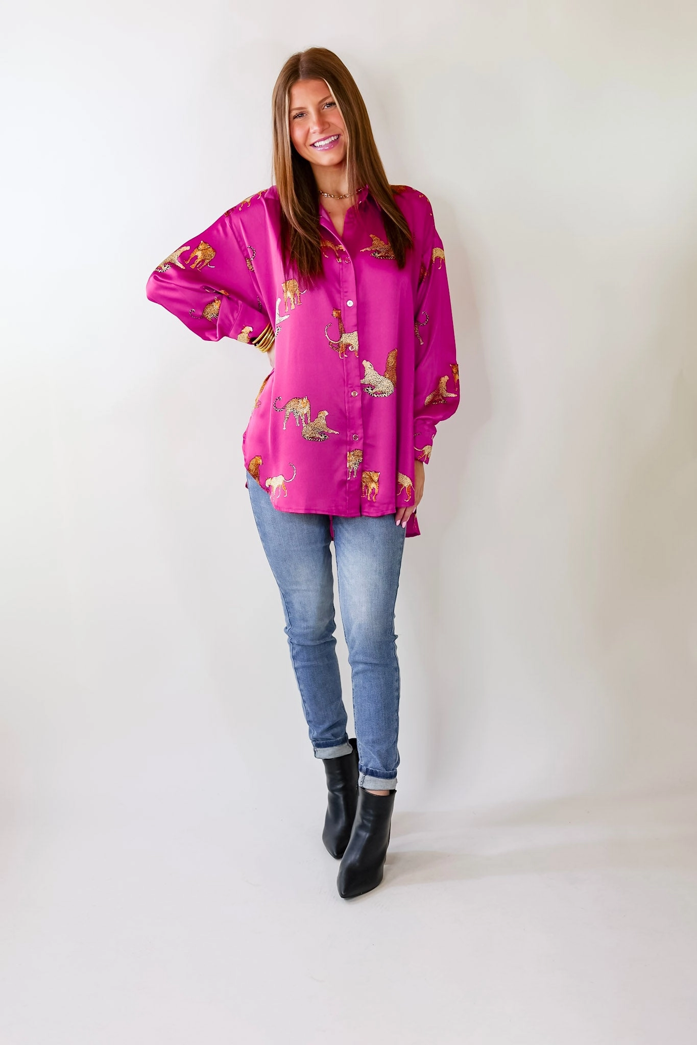 Tell Me Something Good Cheetah Print Long Sleeve Button Up Top in Magenta Pink HighVisibility Trim
