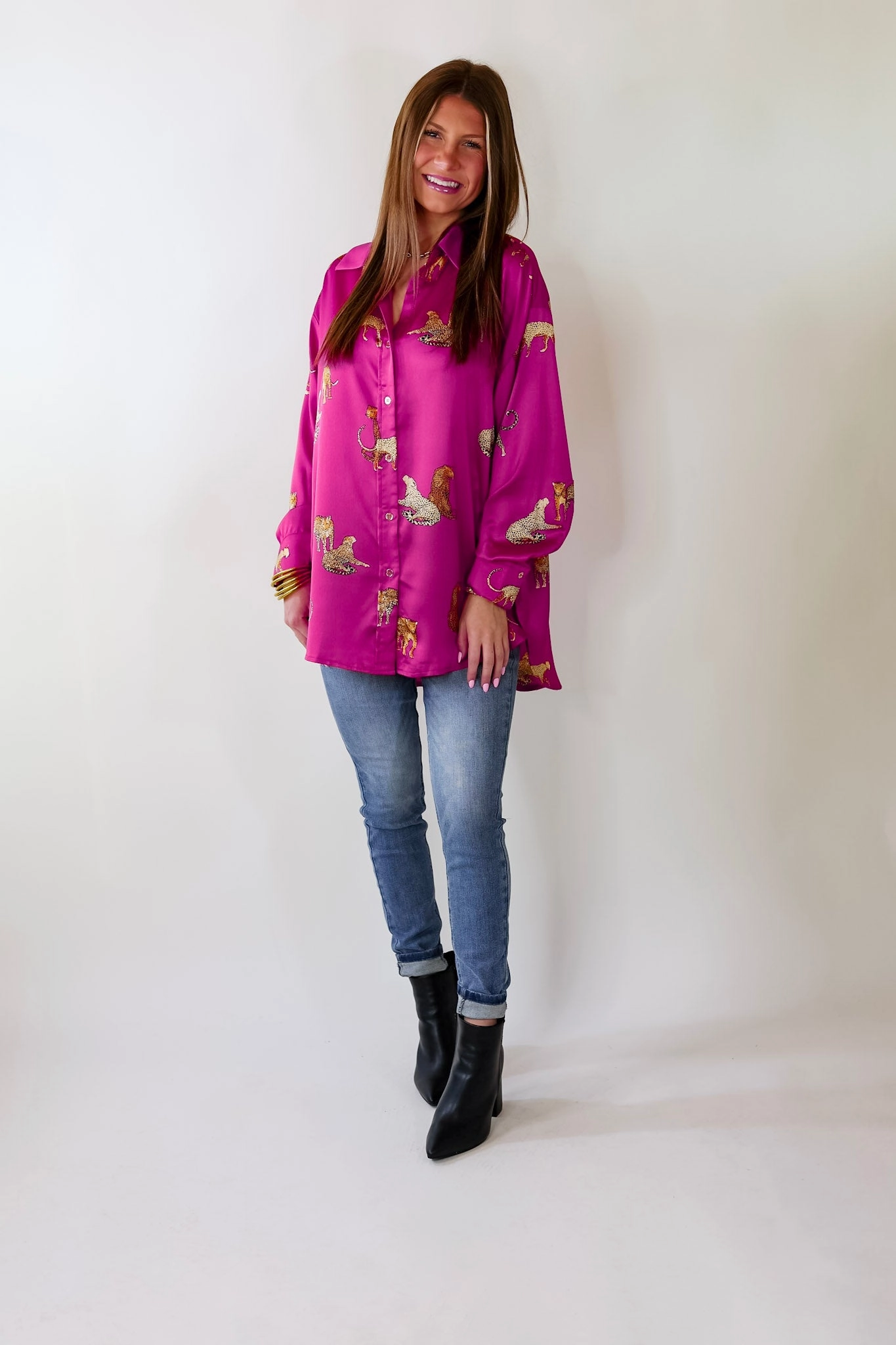 Fashion Dress Regular Fit Tell Me Something Good Cheetah Print Long Sleeve Button Up Top in Magenta Pink