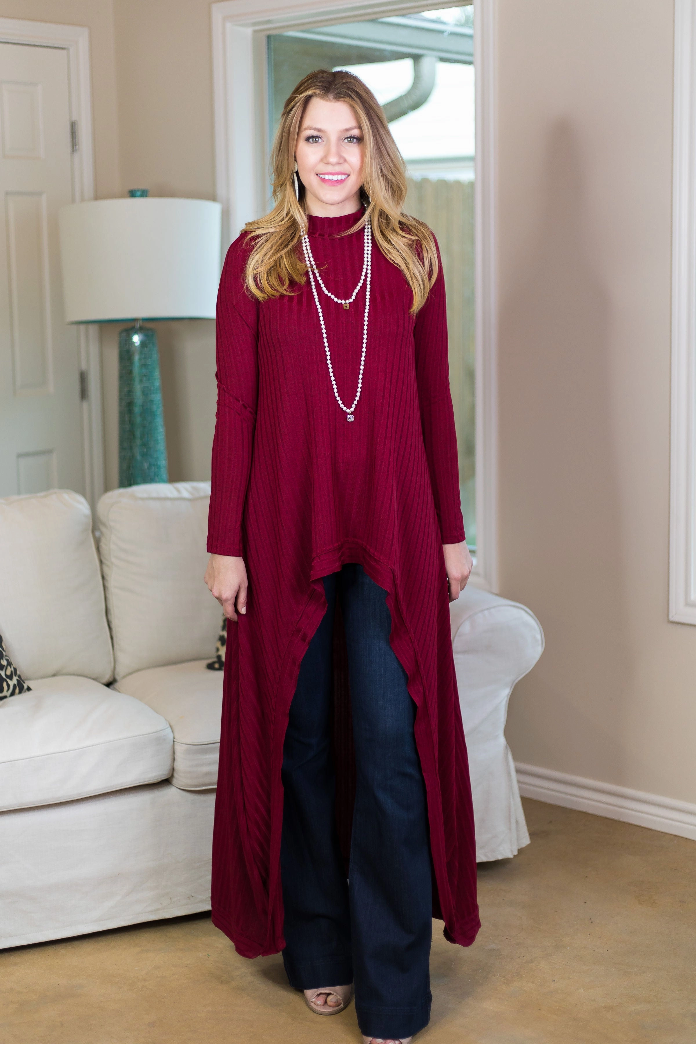 AntiSlip Grip Pure Fit Last Chance Size Small | Statement Style Ribbed High Low Knit Top in Maroon