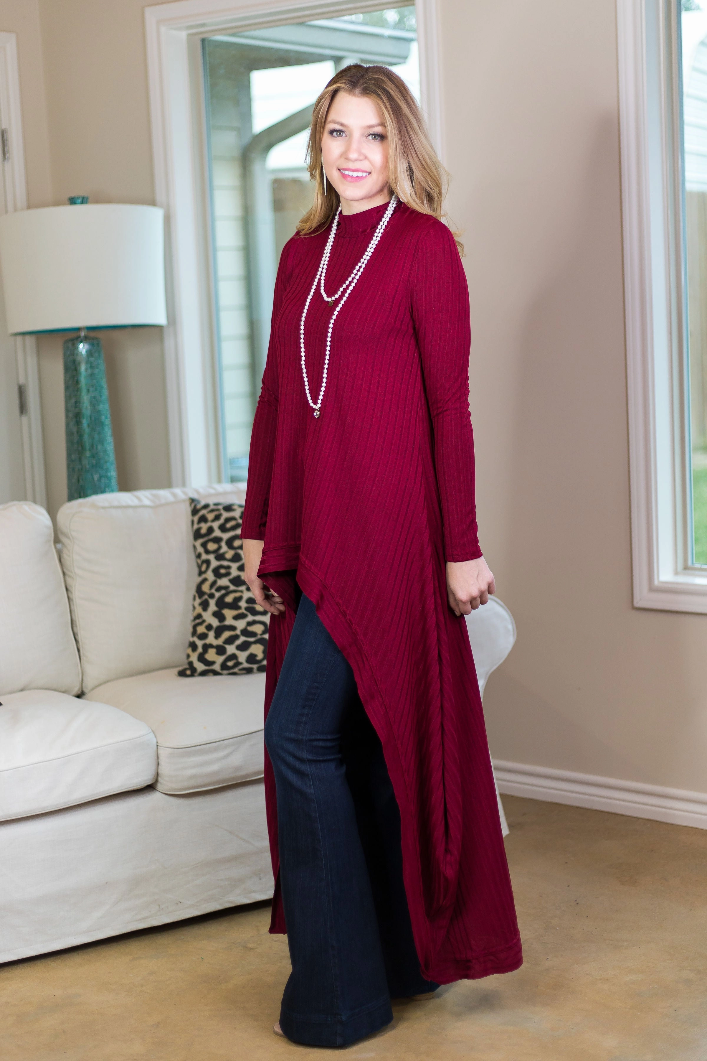 Last Chance Size Small | Statement Style Ribbed High Low Knit Top in Maroon SmoothEdgeTrim