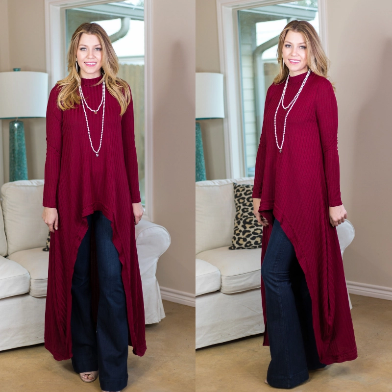 Last Chance Size Small | Statement Style Ribbed High Low Knit Top in Maroon Brave Fit