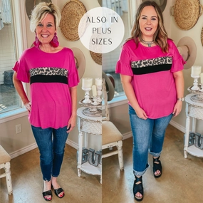 Windproof Fabric Well Said Leopard and Black Bust Ruffle Sleeve Top in Fuchsia