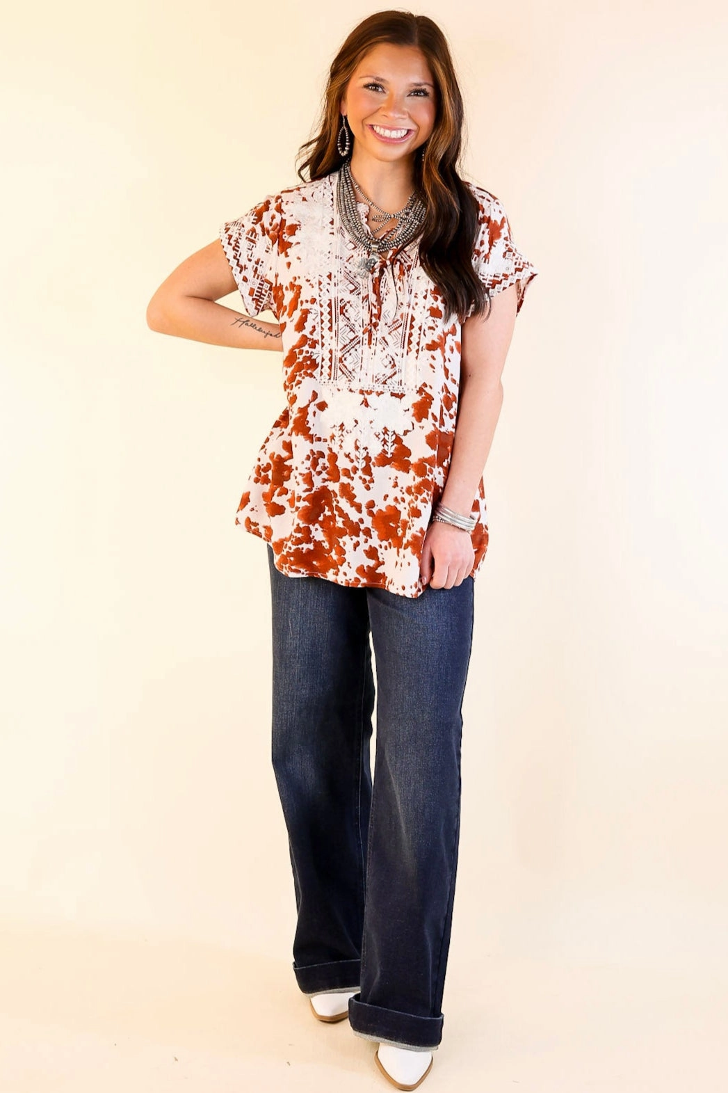 Hear The Applause Embroidered Top in White and Rust Orange ComfortStretchFit Anti Odor Treatment