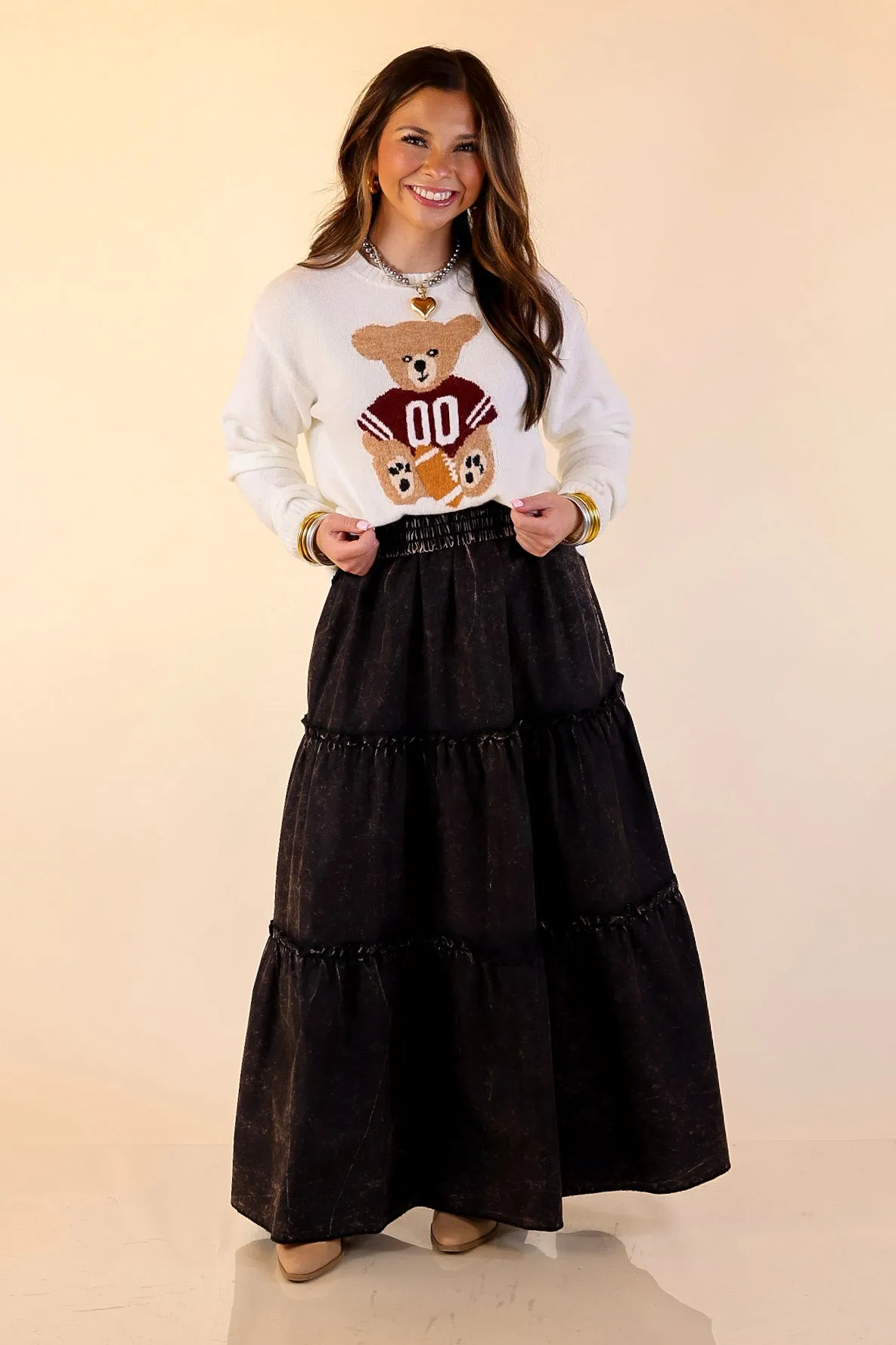 AdjustableDrawstring Simply Southern | Finest Touch Crewneck Sweater with Football Teddy Bear Graphic in Cream