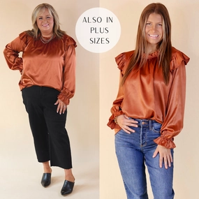 Daily Style Casual Design Can't Stop Me Ruffle Mock Neck Long Sleeve Satin Top in Rust Brown