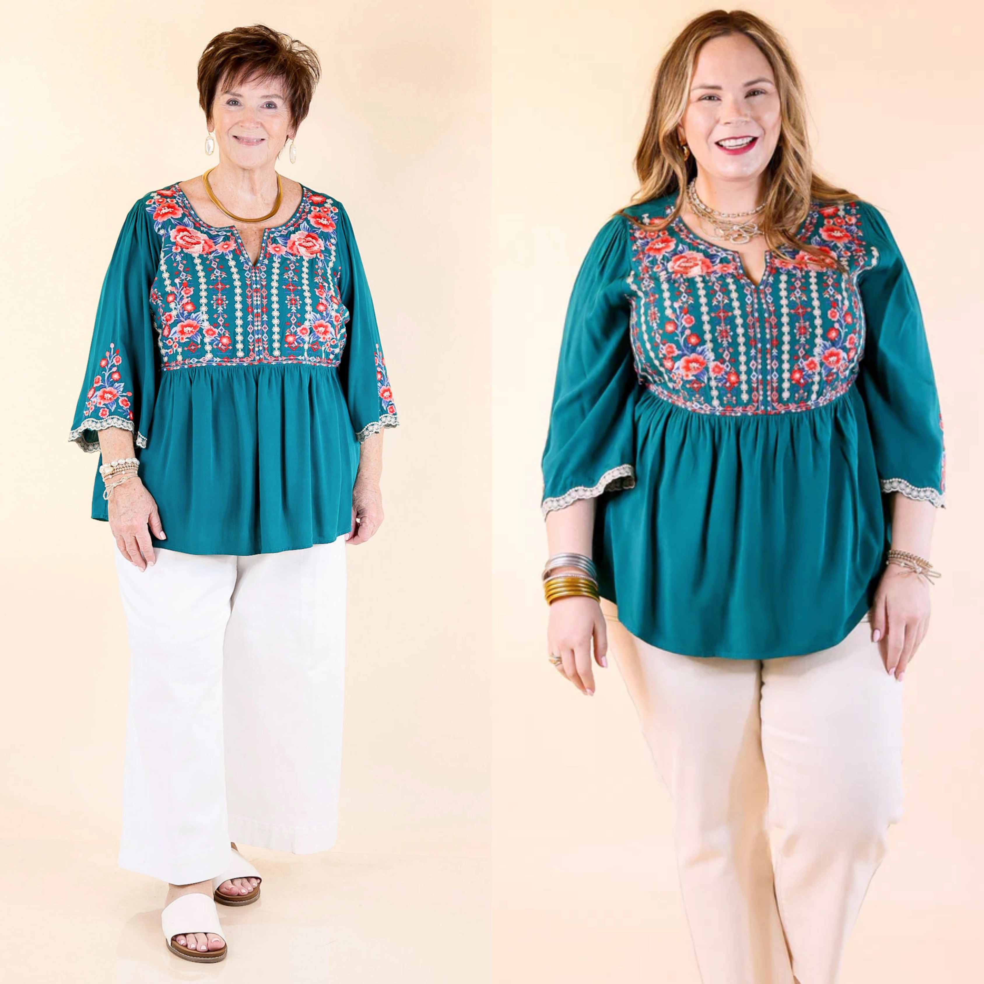 Soft Comfort Friends Meetup Already Mine 3/4 Bell Sleeve Embroidered Babydoll Top in Teal