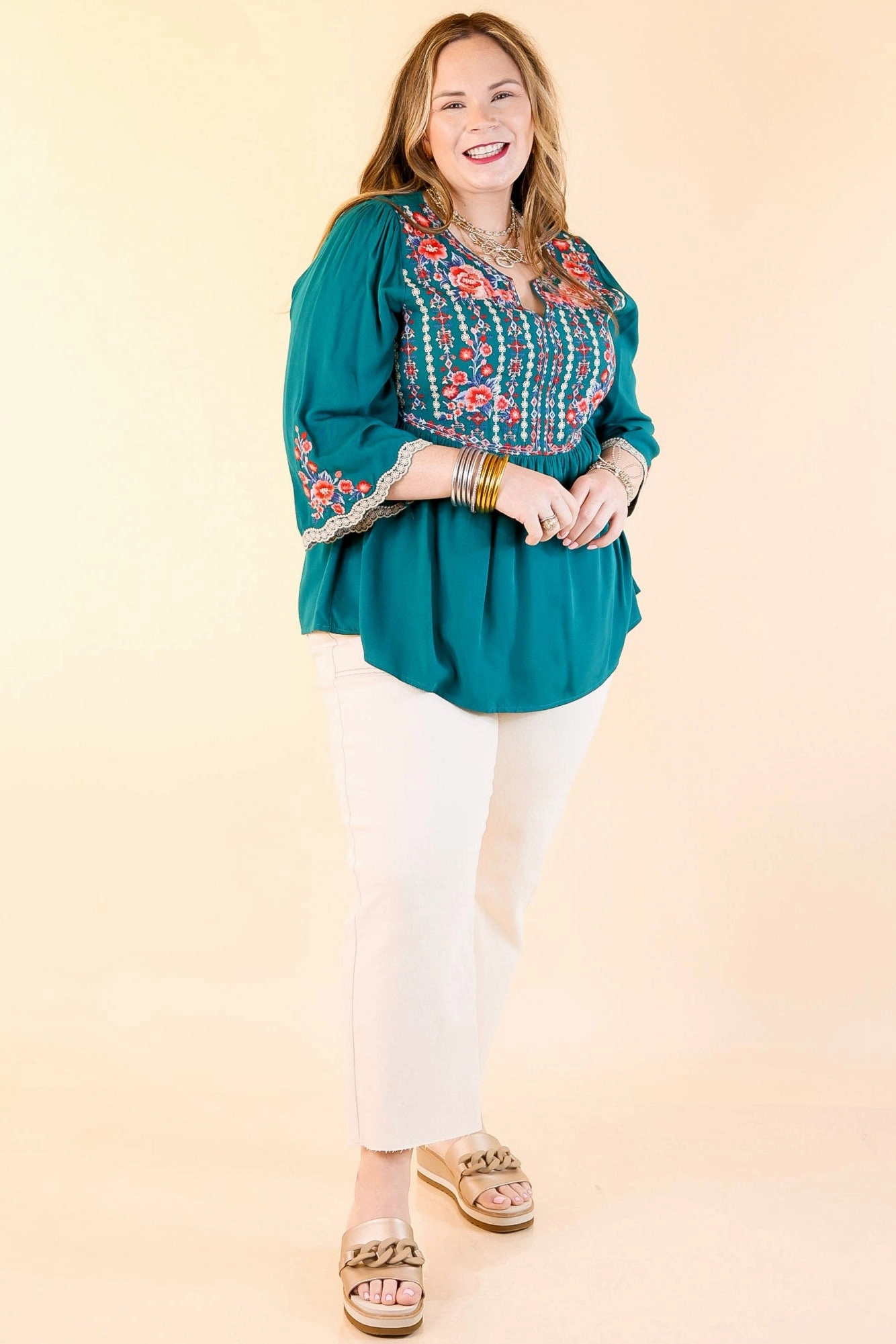 Anti Pilling Finish Already Mine 3/4 Bell Sleeve Embroidered Babydoll Top in Teal