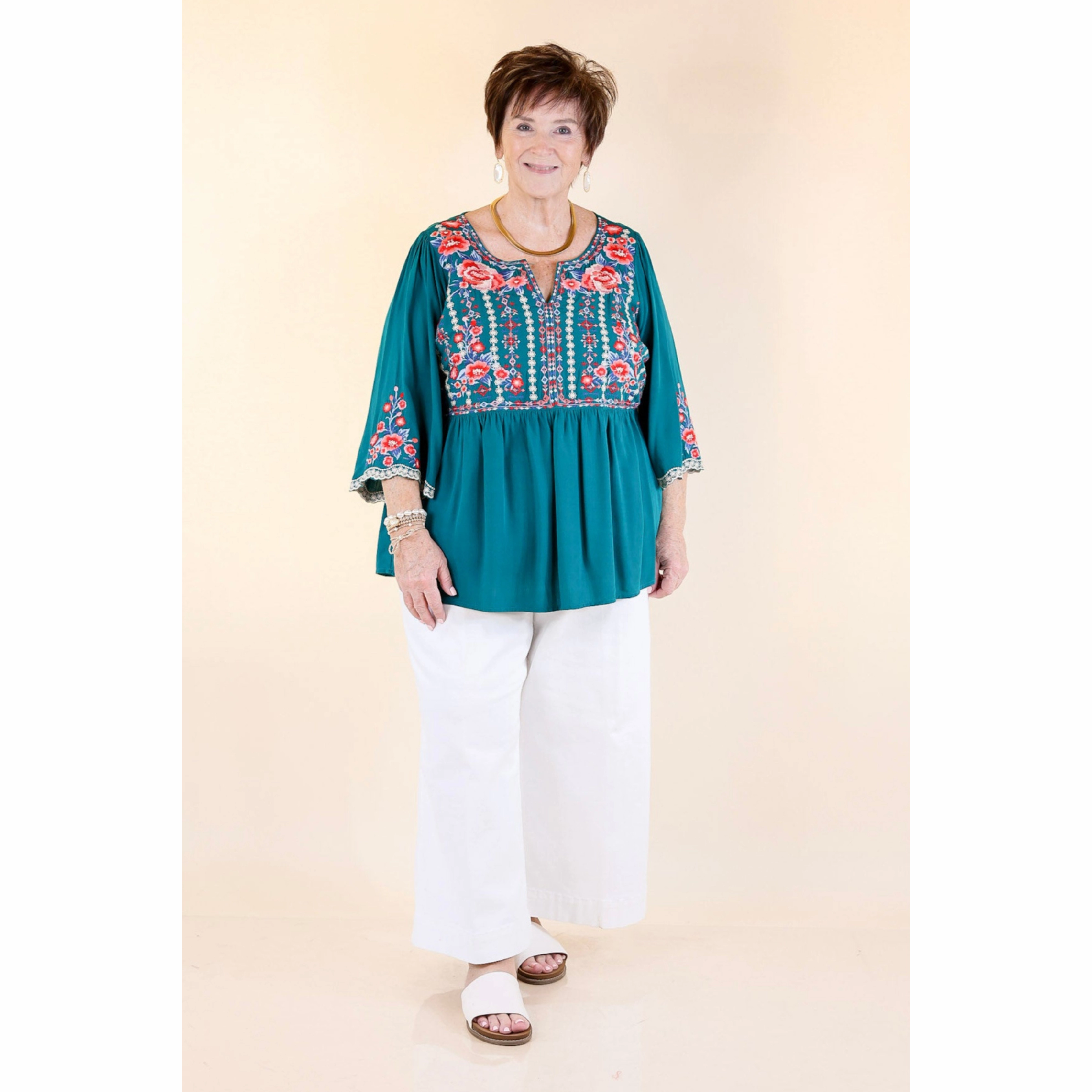 Already Mine 3/4 Bell Sleeve Embroidered Babydoll Top in Teal Sweat-Absorbing