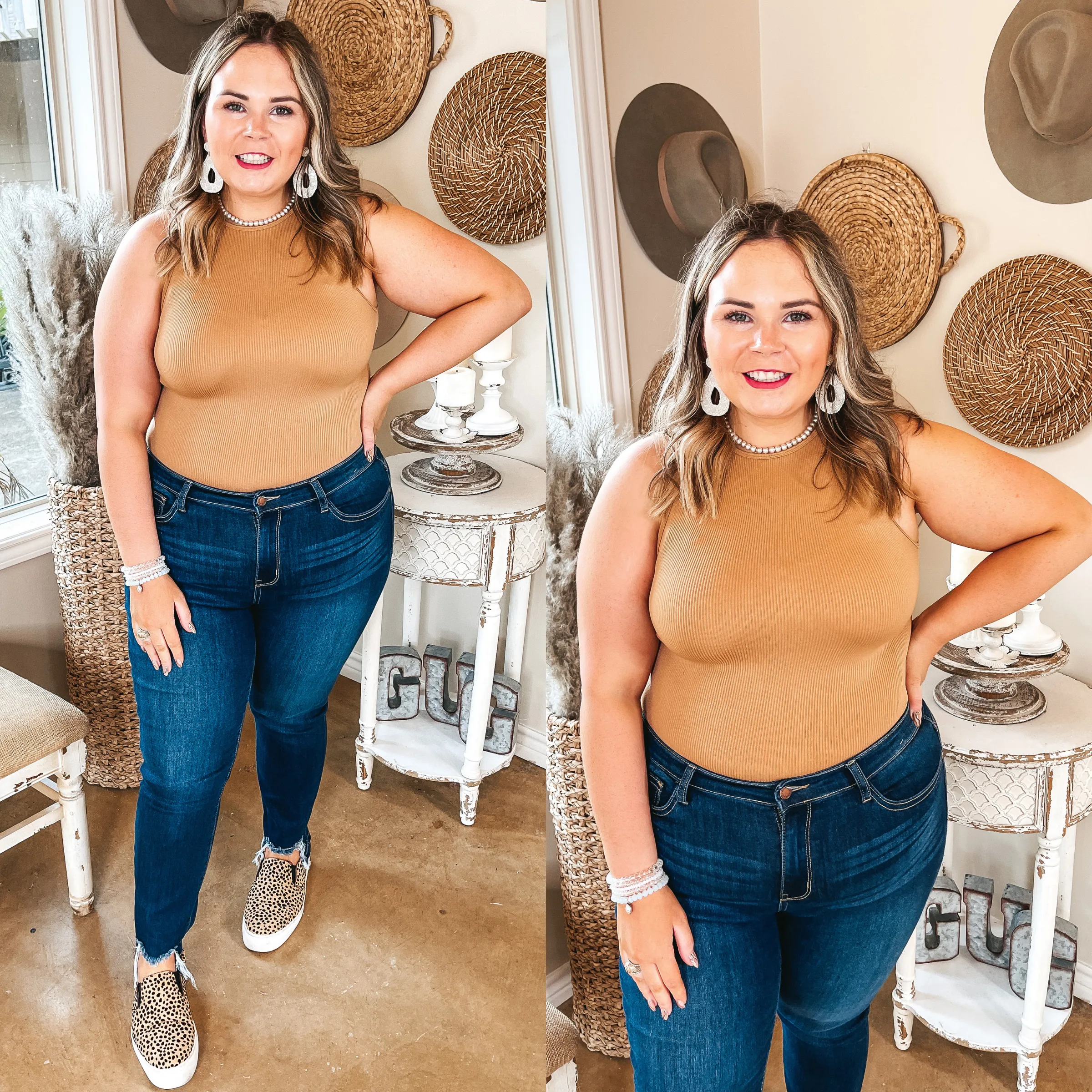 MeshPanelIntegration On the Lookout High Neck Ribbed Tank Top Bodysuit in Caramel Brown