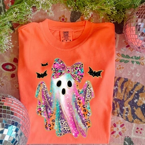 Fade Resistant Dye Online Exclusive | Neon Leopard Ghost Graphic on Short Sleeve Comfort Color Tee in Neon Orange