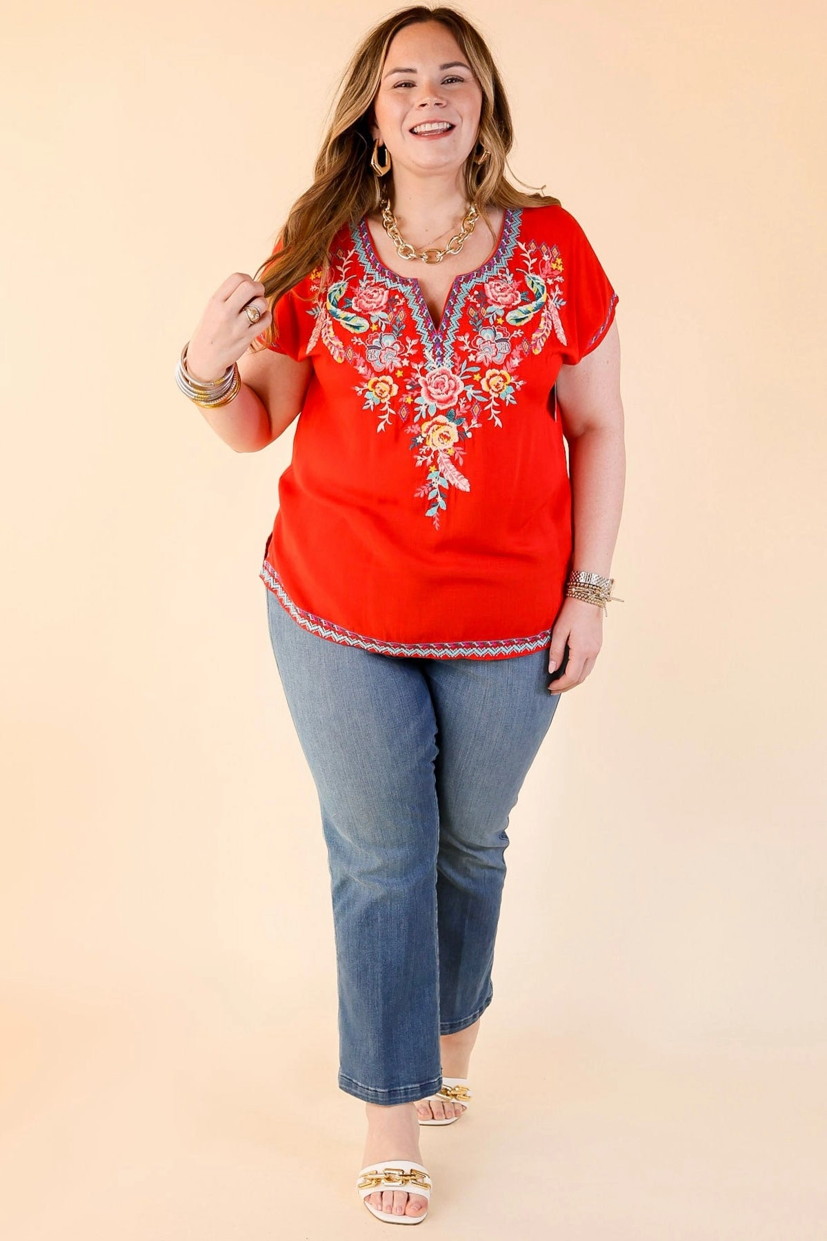 Desert Bloom Embroidered Short Sleeve Top in Red Convertible Style Flexible Material