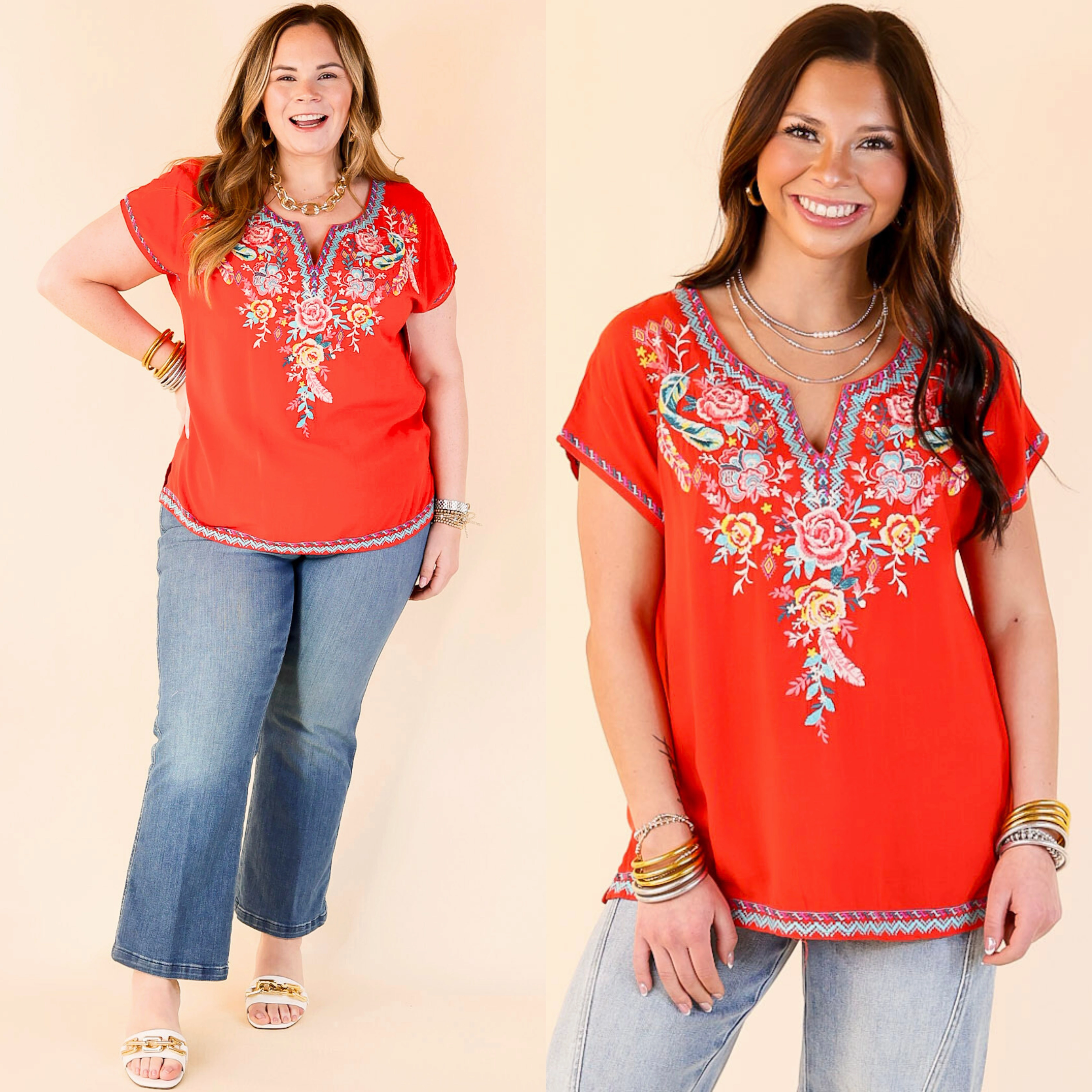 DoubleStitching UltraSoftLining Desert Bloom Embroidered Short Sleeve Top in Red