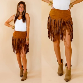 Pep Into Your Step Suede Fringe Skirt in Camel Brown Recycled Polyester Blend