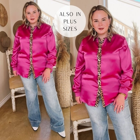 Sugar On Top Long Sleeve Button Up Satin Top with Leopard Print Trim in Hot Pink Casual Fit Organic Cotton Certification
