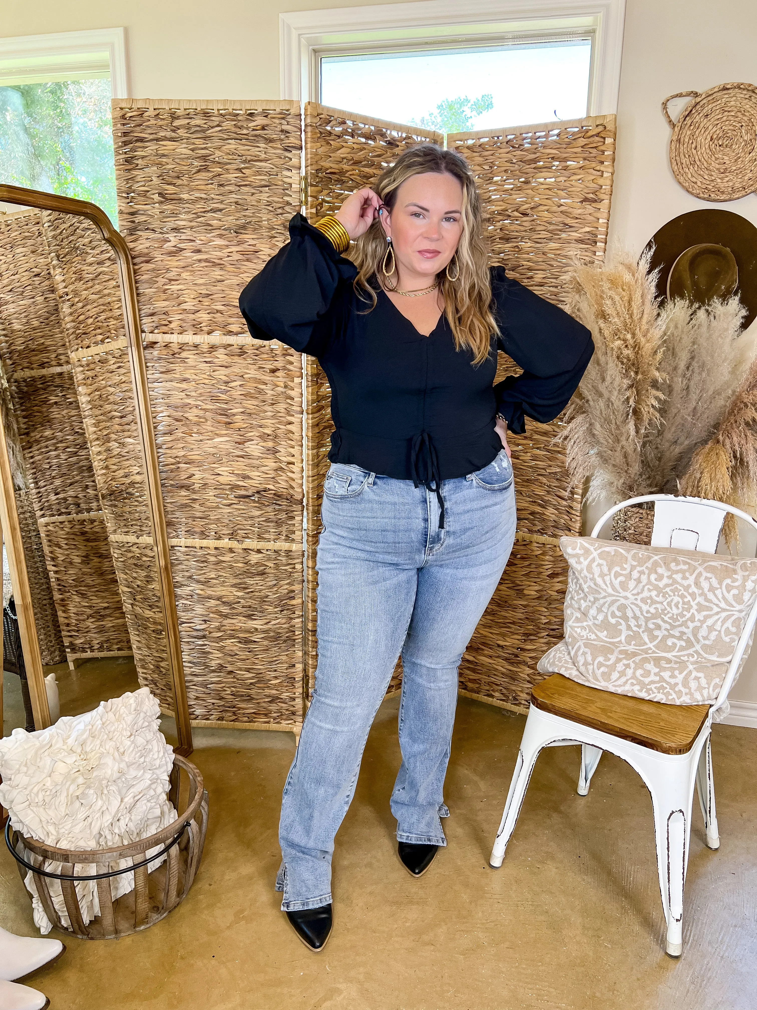 Authentic Aura Ruched Front Peplum Crop Top with Long Sleeves in Black Anti Pill Surface YarnBlend