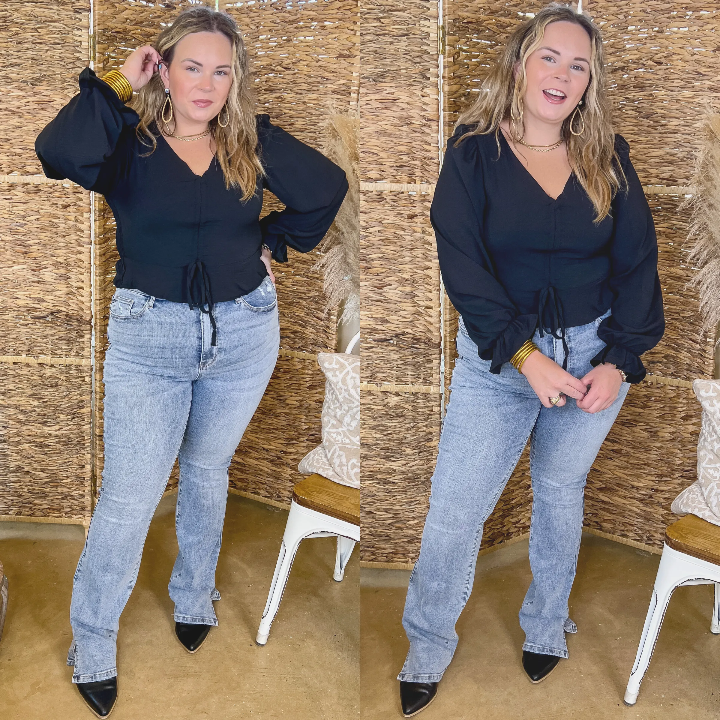 Authentic Aura Ruched Front Peplum Crop Top with Long Sleeves in Black UVProtectionFabric HighCollared Design