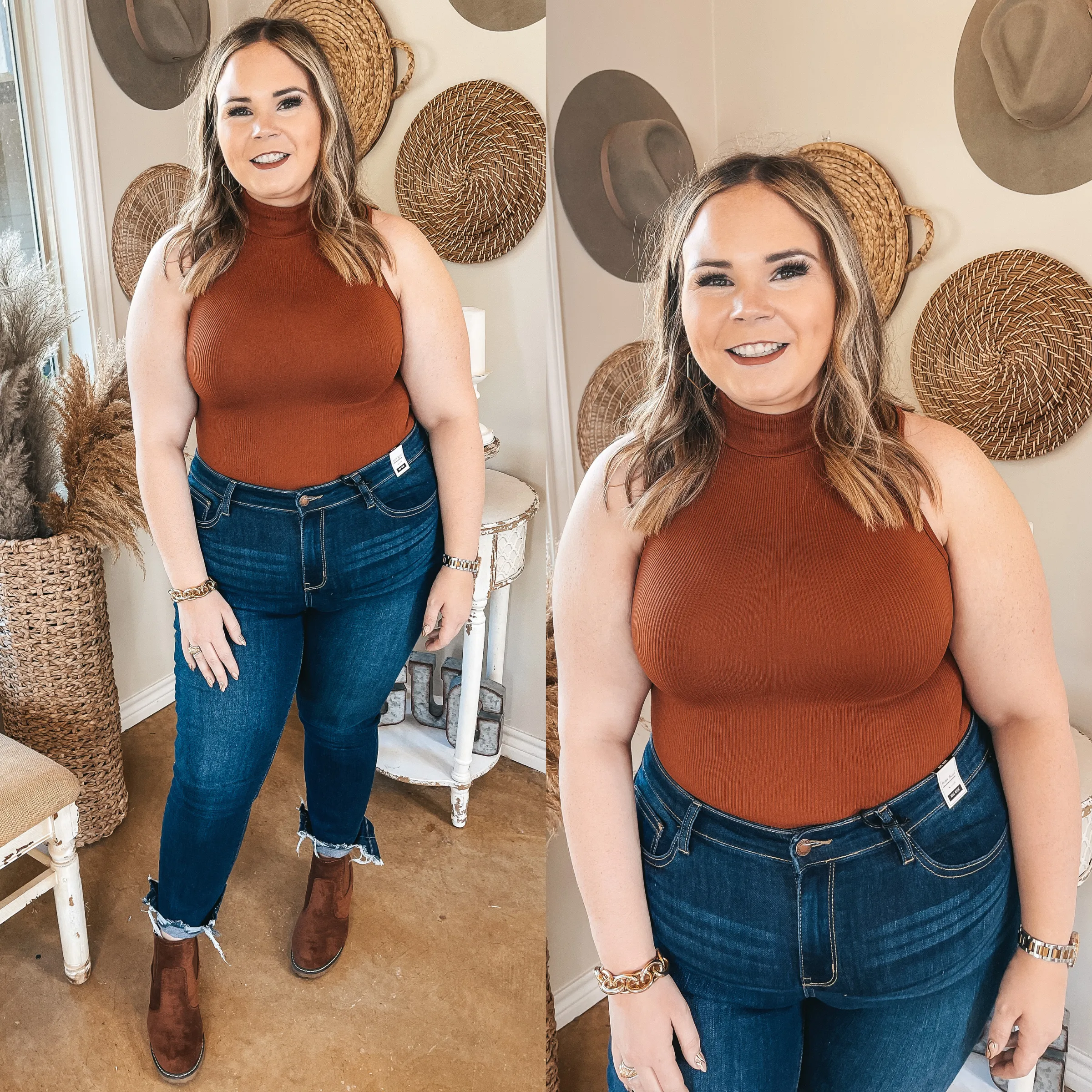 Love and Luck Turtle Neck Ribbed Tank Top Bodysuit in Rust Orange Wear Resistant Fabric Ribbed Hem Finish