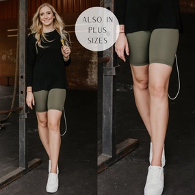 Take A Lap Mid Thigh Biker Shorts in Olive Green Heavy Outerwear