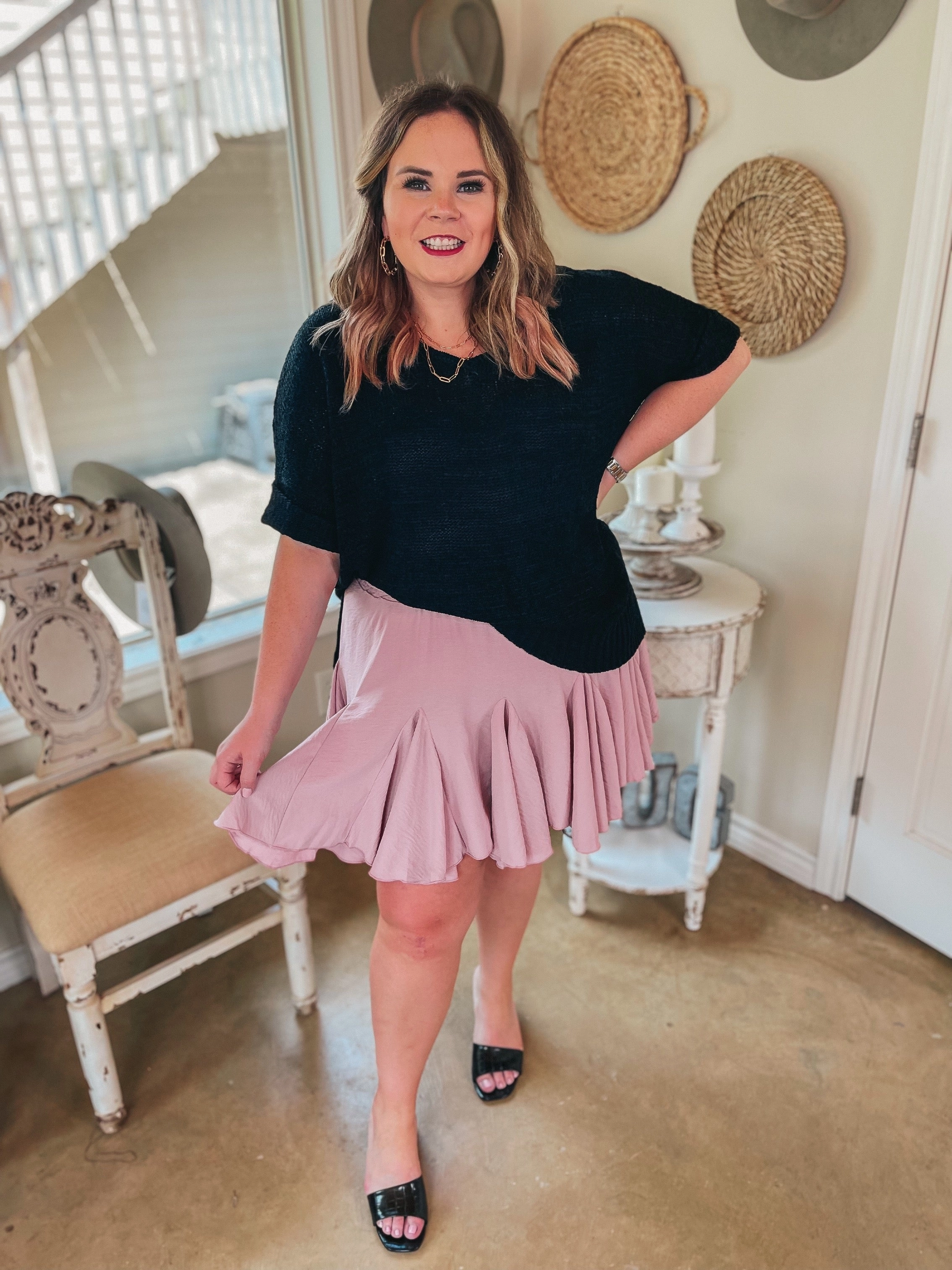 Right Idea Short Drop Sleeve V Neck Knit Sweater in Black SmoothFinish