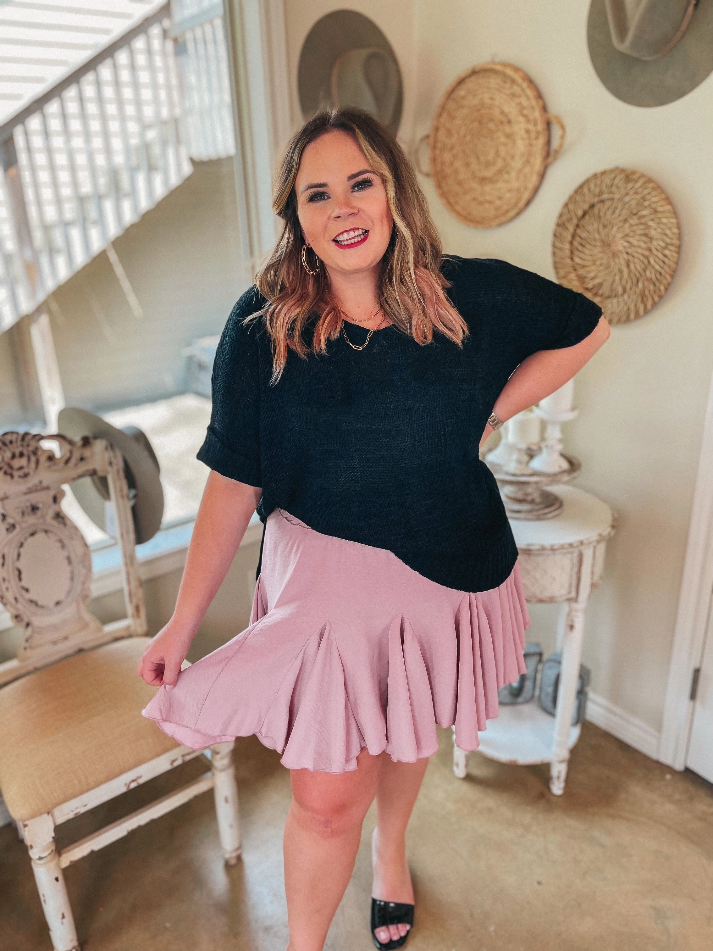 Right Idea Short Drop Sleeve V Neck Knit Sweater in Black SoftTouchFinish