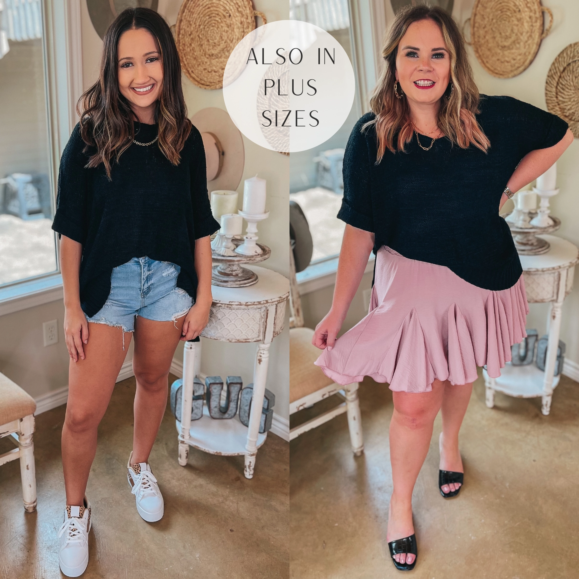 Right Idea Short Drop Sleeve V Neck Knit Sweater in Black MoistureWicking