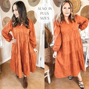 Glitter Fit NonIrritatingSeams Last Chance Size Small | Sweet Glances Long Sleeve Tiered Midi Dress in Rust Orange
