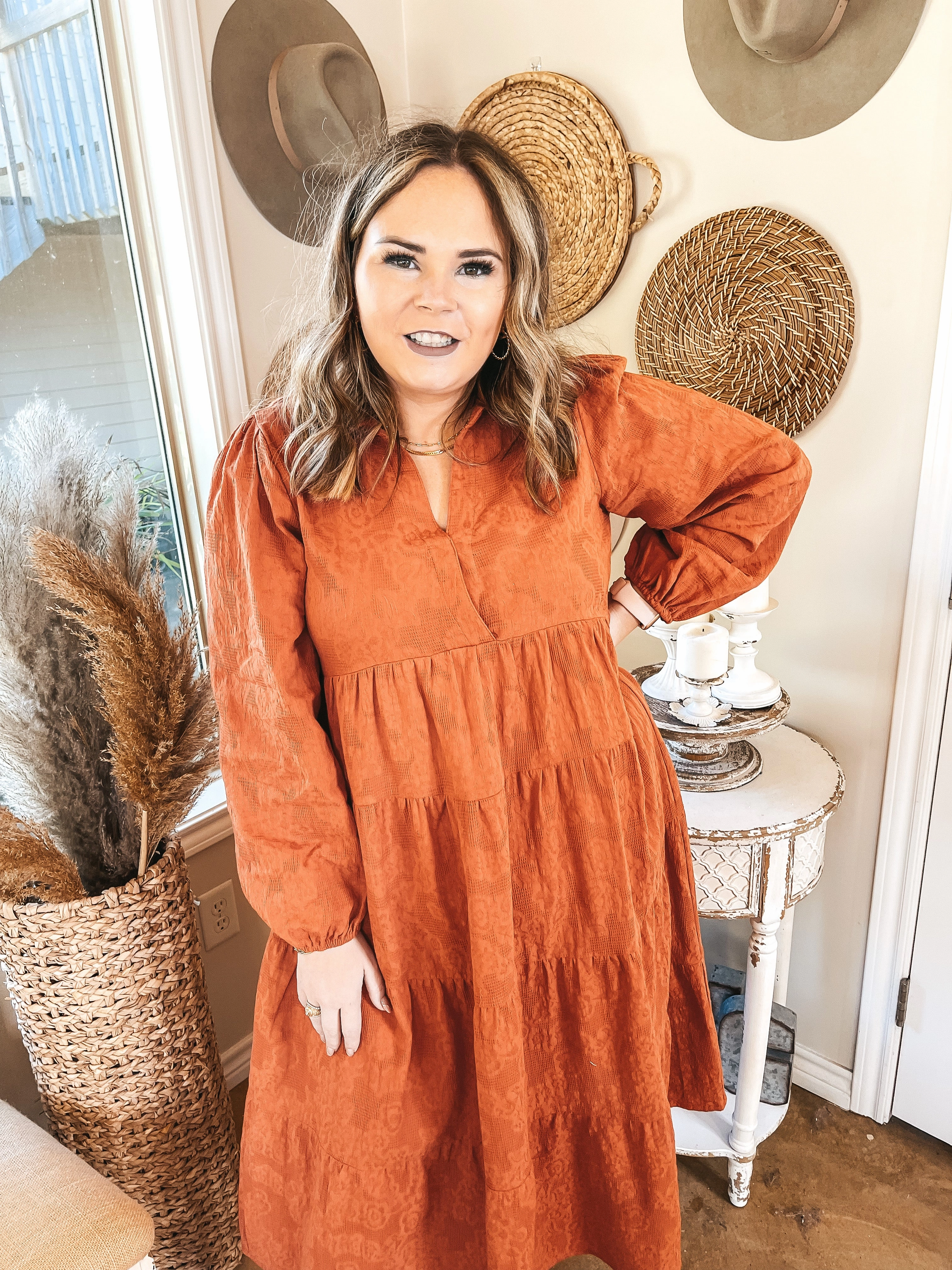 Transitional Clothing Last Chance Size Small | Sweet Glances Long Sleeve Tiered Midi Dress in Rust Orange