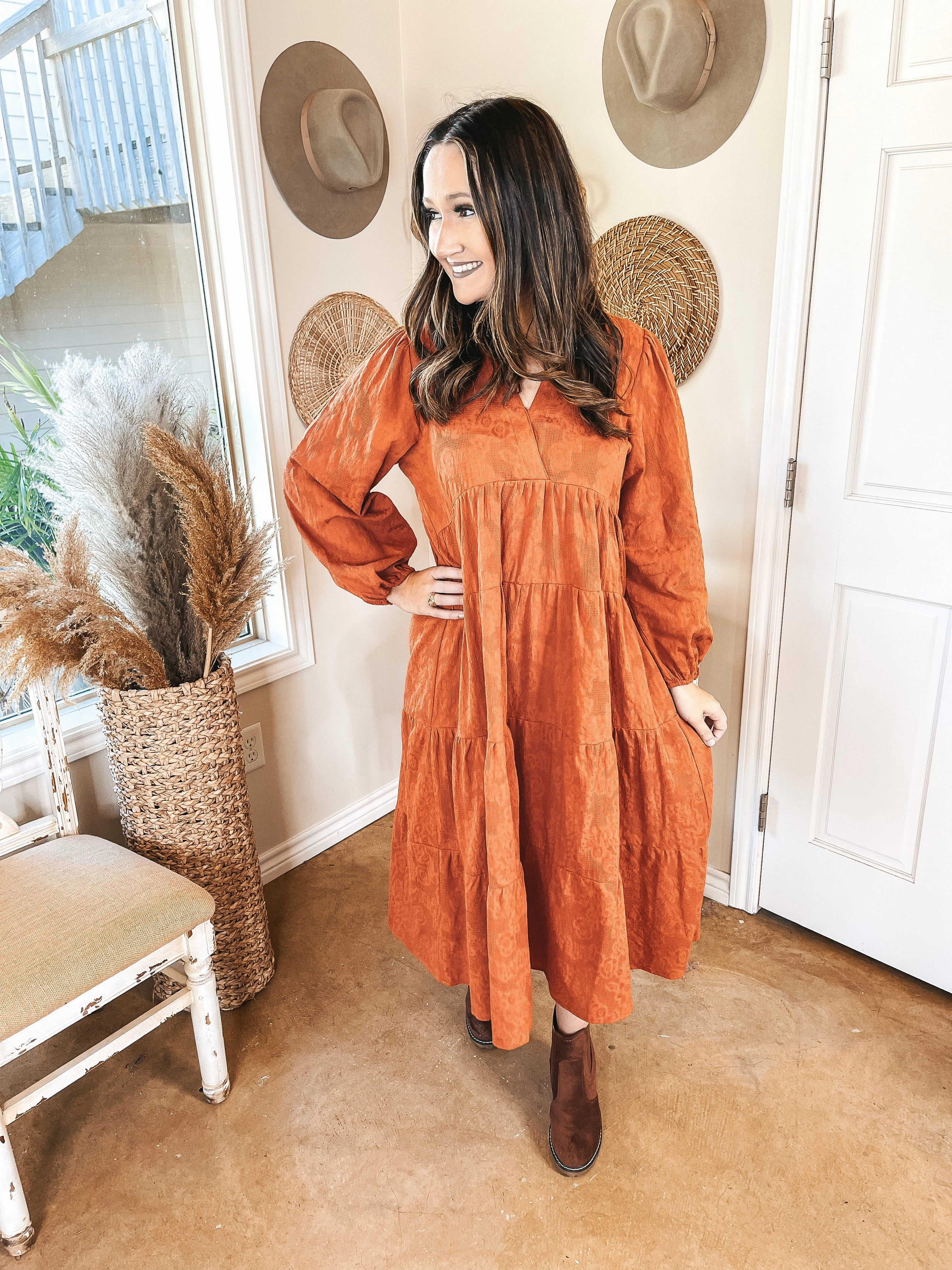 NonBindingEdges Pure Core Last Chance Size Small | Sweet Glances Long Sleeve Tiered Midi Dress in Rust Orange