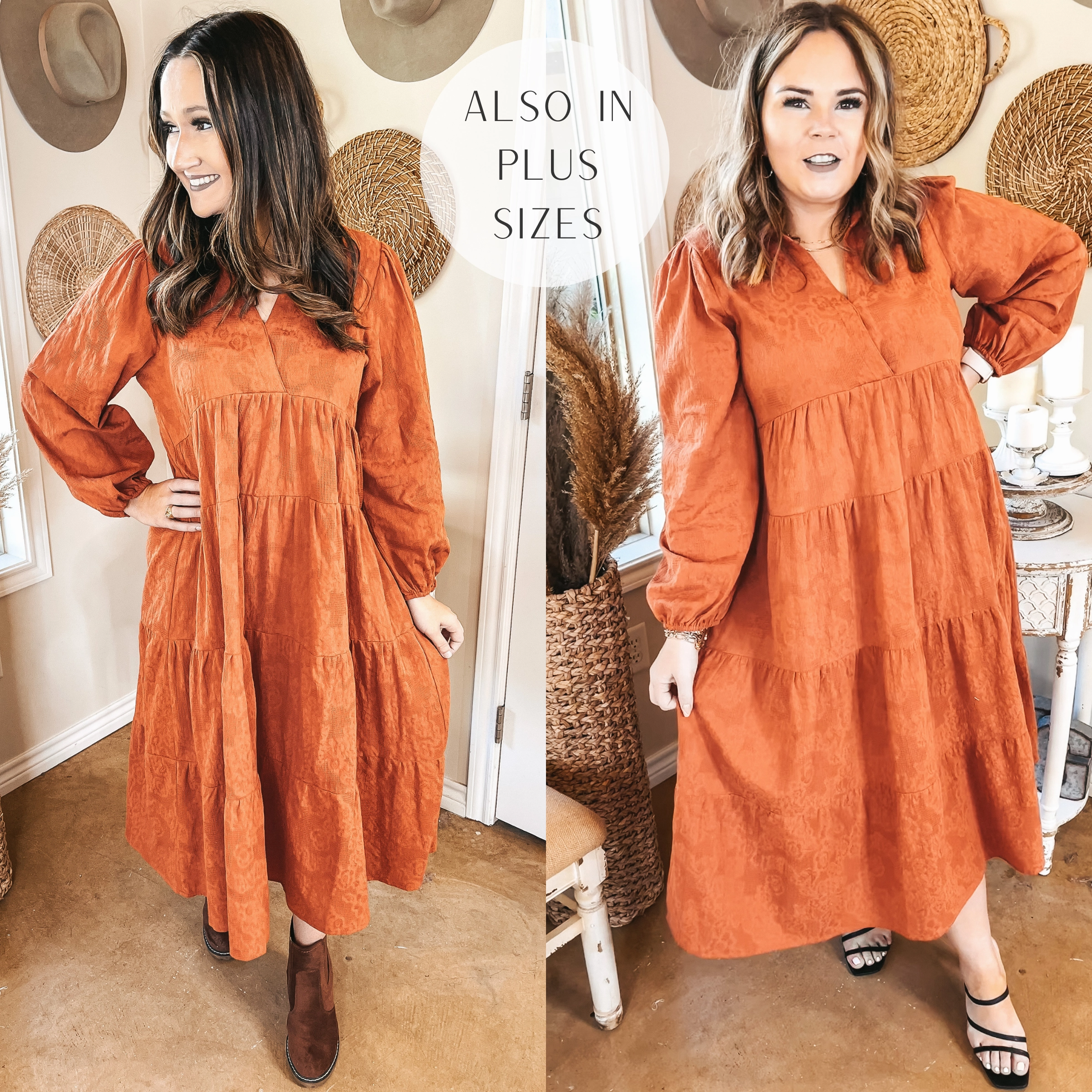 Glitter Fit NonIrritatingSeams Last Chance Size Small | Sweet Glances Long Sleeve Tiered Midi Dress in Rust Orange