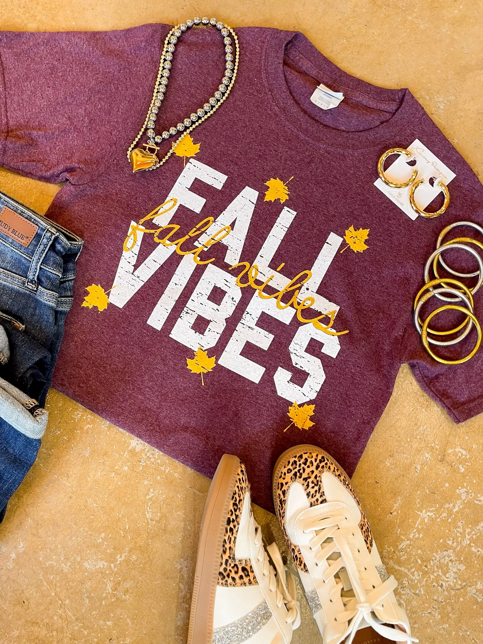 Autumn State of Mind Fall Vibes Short Sleeve Graphic Tee in Heathered Maroon Non Closure Collar Non Irritating Seam Finish