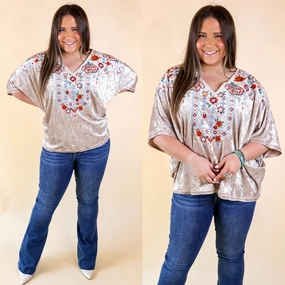 Forever Wanted Floral Embroidered Velvet Poncho Top in Oyster DoubleNeedle Stitching LoopwheelFabric