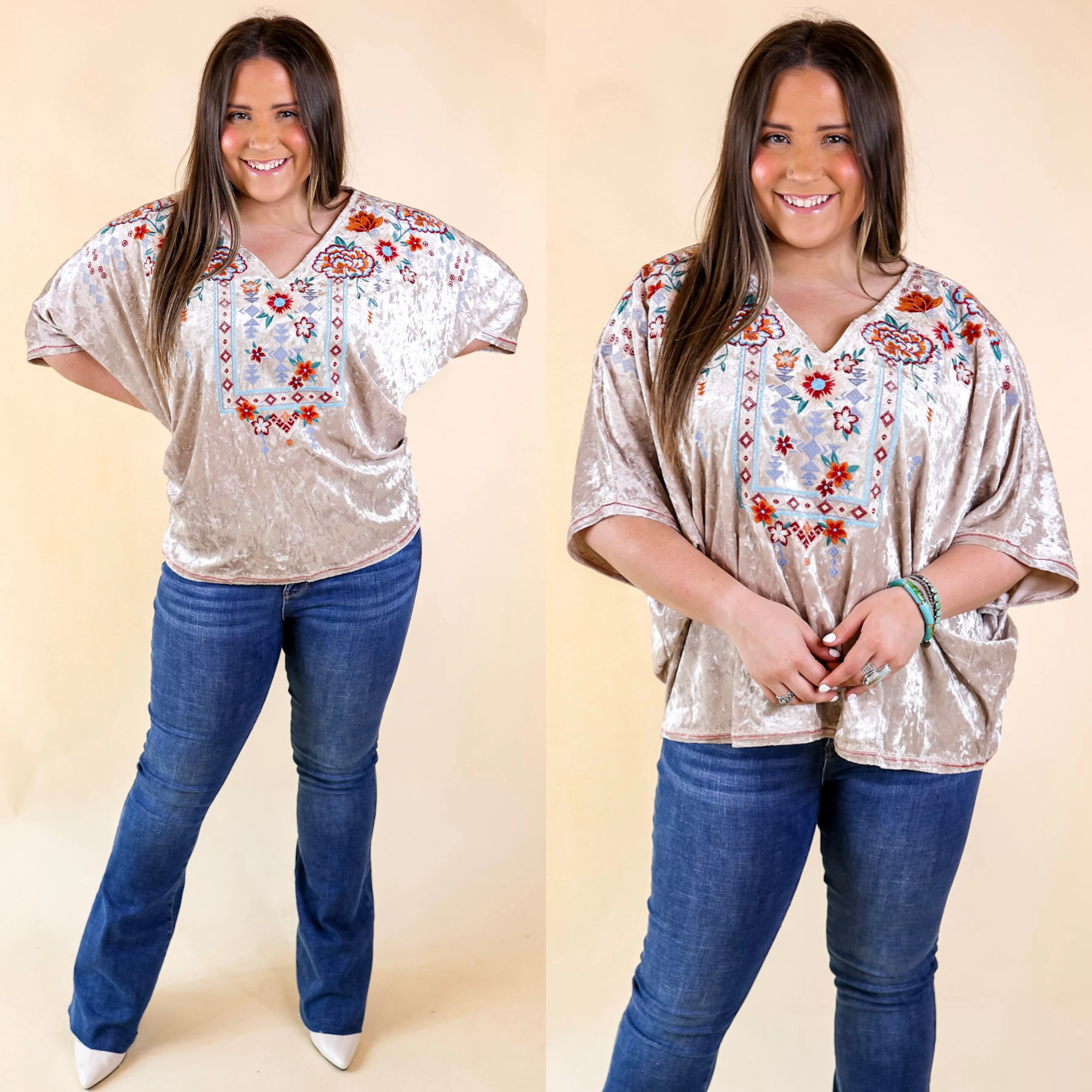 Forever Wanted Floral Embroidered Velvet Poncho Top in Oyster FlexibleCollar