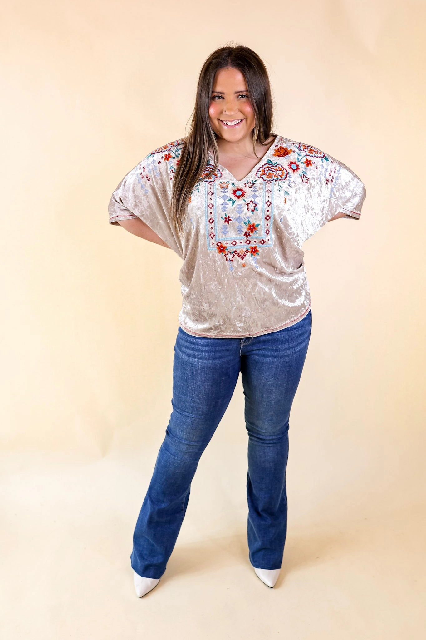 Quick Dry Material Forever Wanted Floral Embroidered Velvet Poncho Top in Oyster