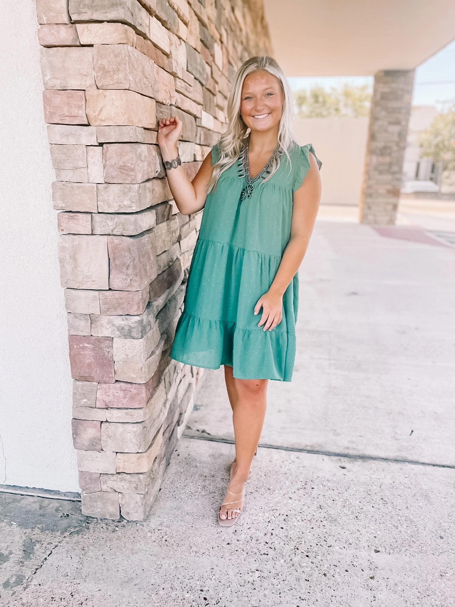 Last Chance 3XL | Real Romance Swiss Dot Tiered Dress with Ruffle Cap Sleeves in Olive Green DoubleLayered Collar