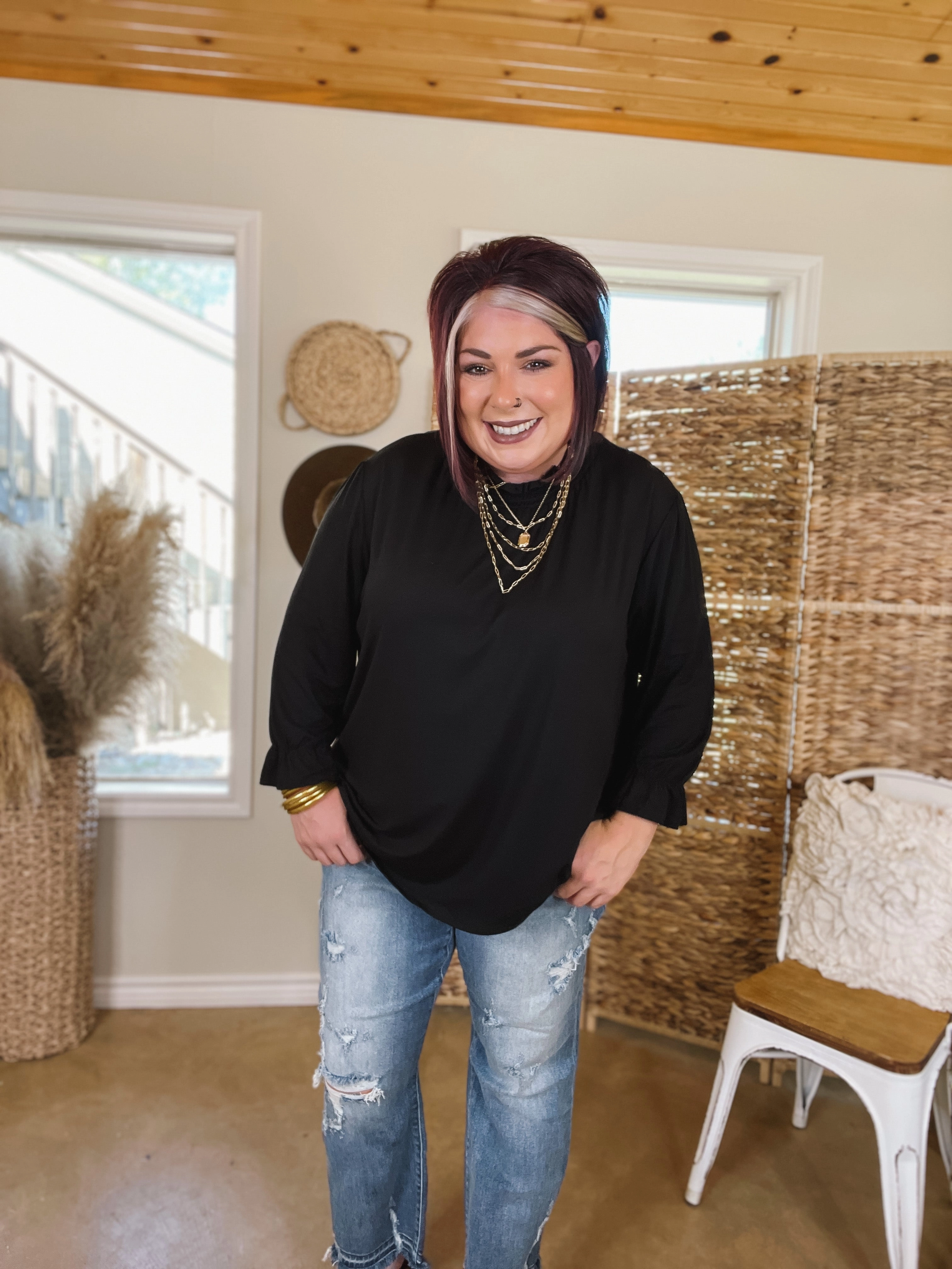 Last Chance Size Large | Making It Work Mock Neck Long Sleeve Top in Black LightweightWeave OdorResistantFabric