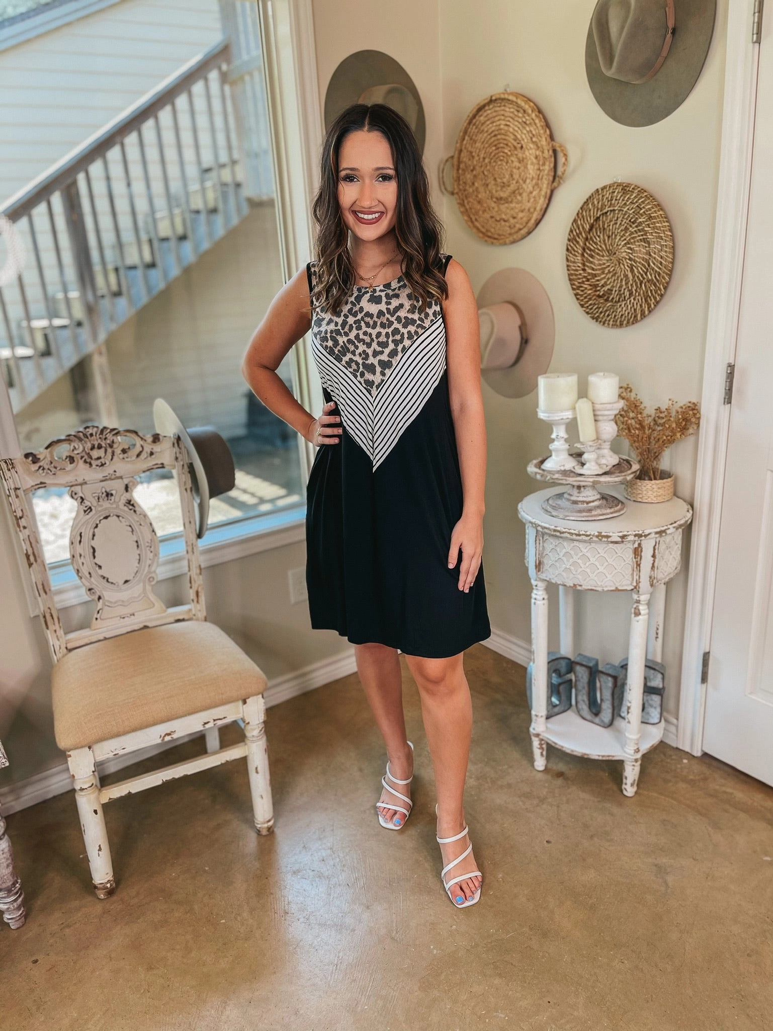 Soft Fabric Last Chance Size Small | Pretty in Prints Leopard and Striped Tank Top Dress in Black